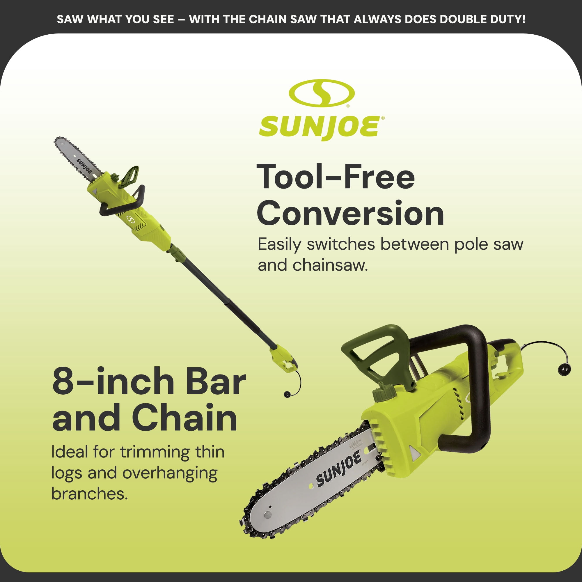 Sun Joe 8 Inch Electric Convertible Pole Chain Saw, 2-in-1 Telescoping Tree Trimmer (Green, 8.9 ft) wje7l