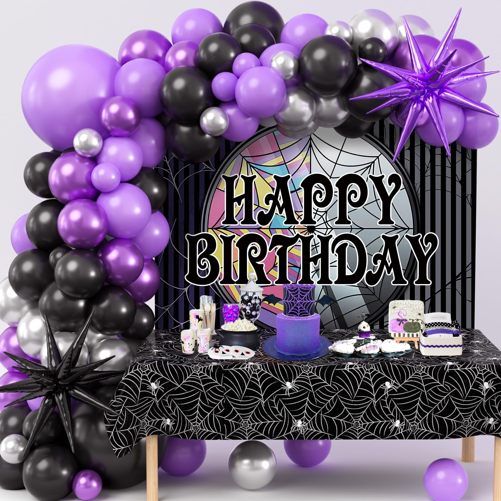 Winrayk Purple and Black Birthday Party Decoration Set with Balloon Garland Arch Kit and Backdrop (119 Piece Set) 34gp5