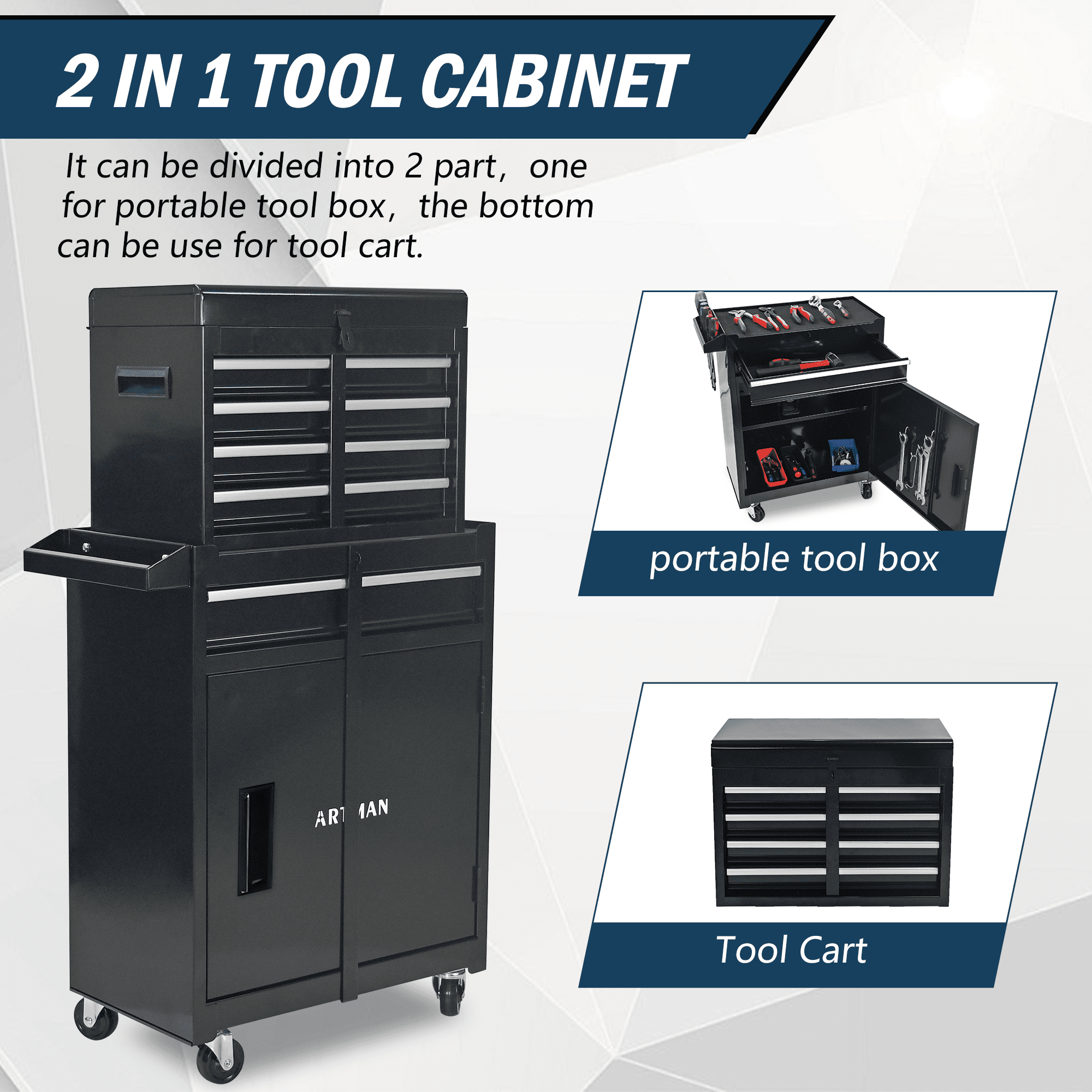 Seizeen 5-Drawer Rolling Tool Chest with Detachable Storage Cabinet (Black, 1 Unit) xt002