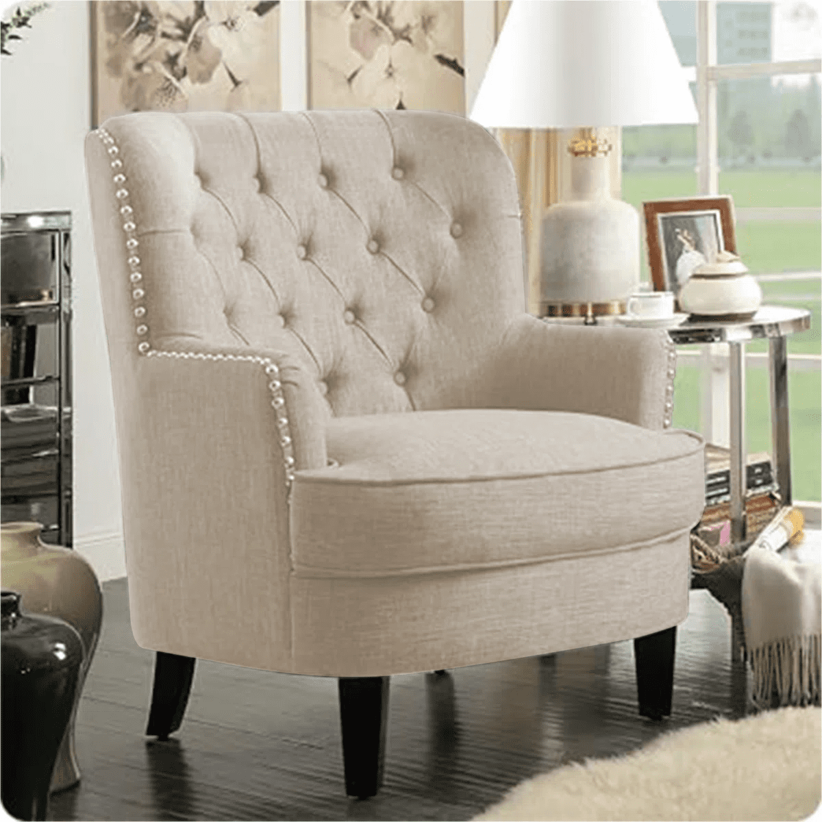 Shengchao Trade Velvet Upholstered Club Chair, Tufted Wingback Barrel Accent Chair with Nailhead Trim (Beige, 34.5 in H) 6a68i