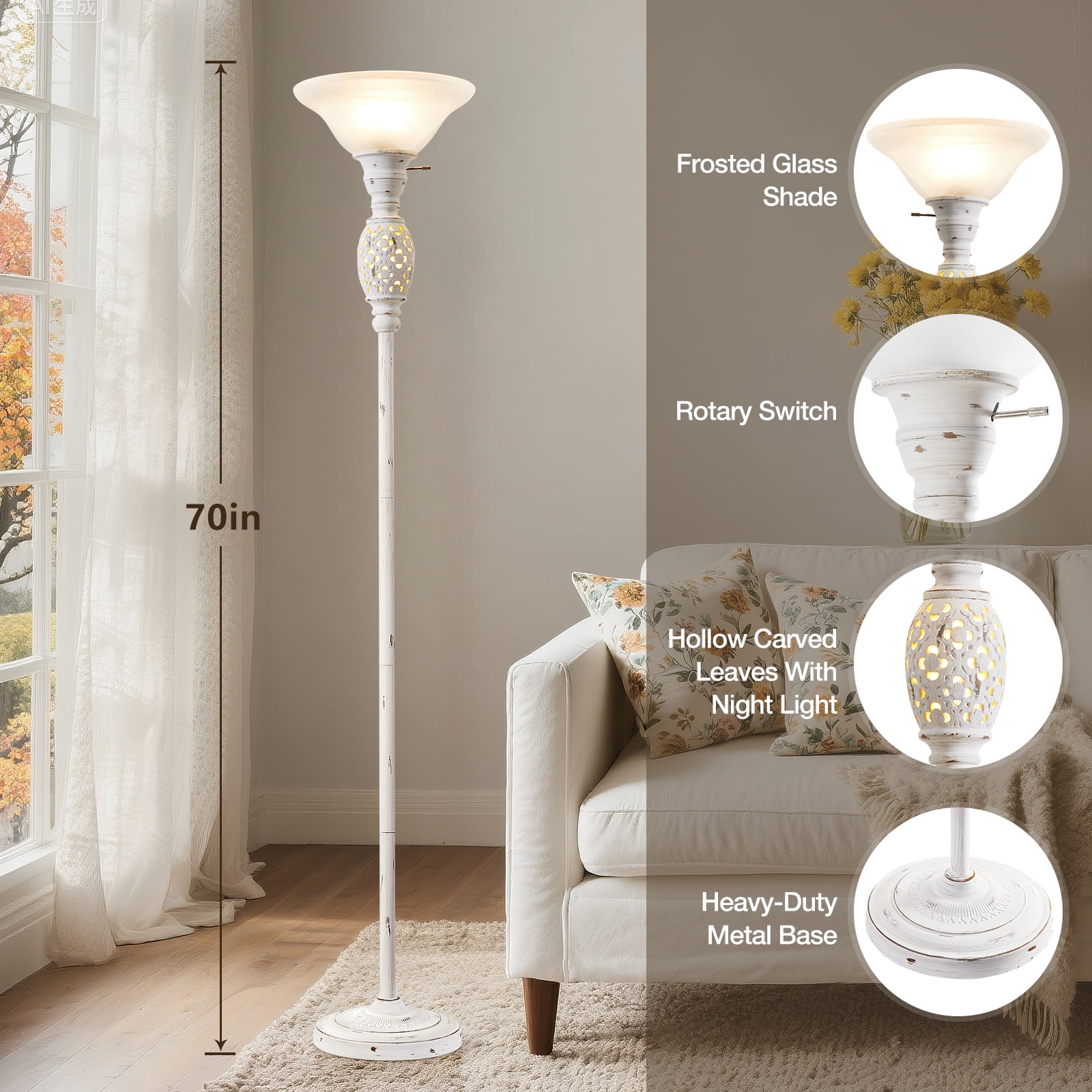 NATYSWAN Torchiere Floor Lamp with Nightlight and Glass Shade (White, 70 in) ljgyp