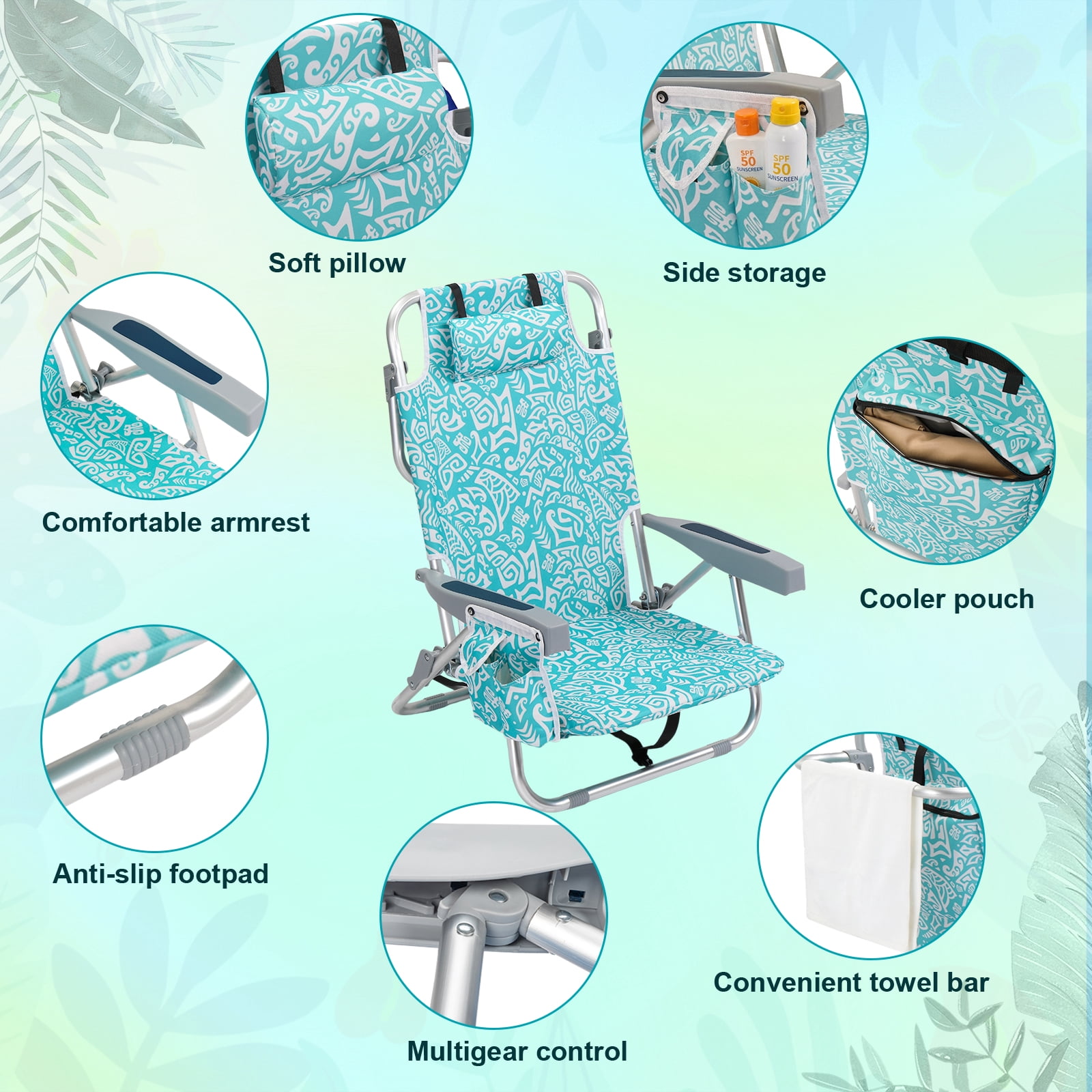 Ktaxon 5-Position Folding Beach Chair, Portable Backpack Camping Chair with Cooler Pouch and Storage (Green Tribal Print, 24.8 in x 25.6 in x 32.28 in) oe5gl