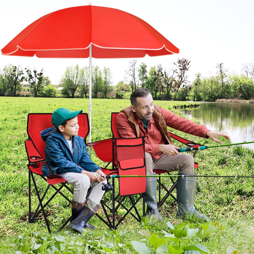 Aimee Lii Double Folding Picnic Chair with Umbrella, Outdoor Camping Loveseat with Cooler Bag and Beverage Holders (Red) sqkca