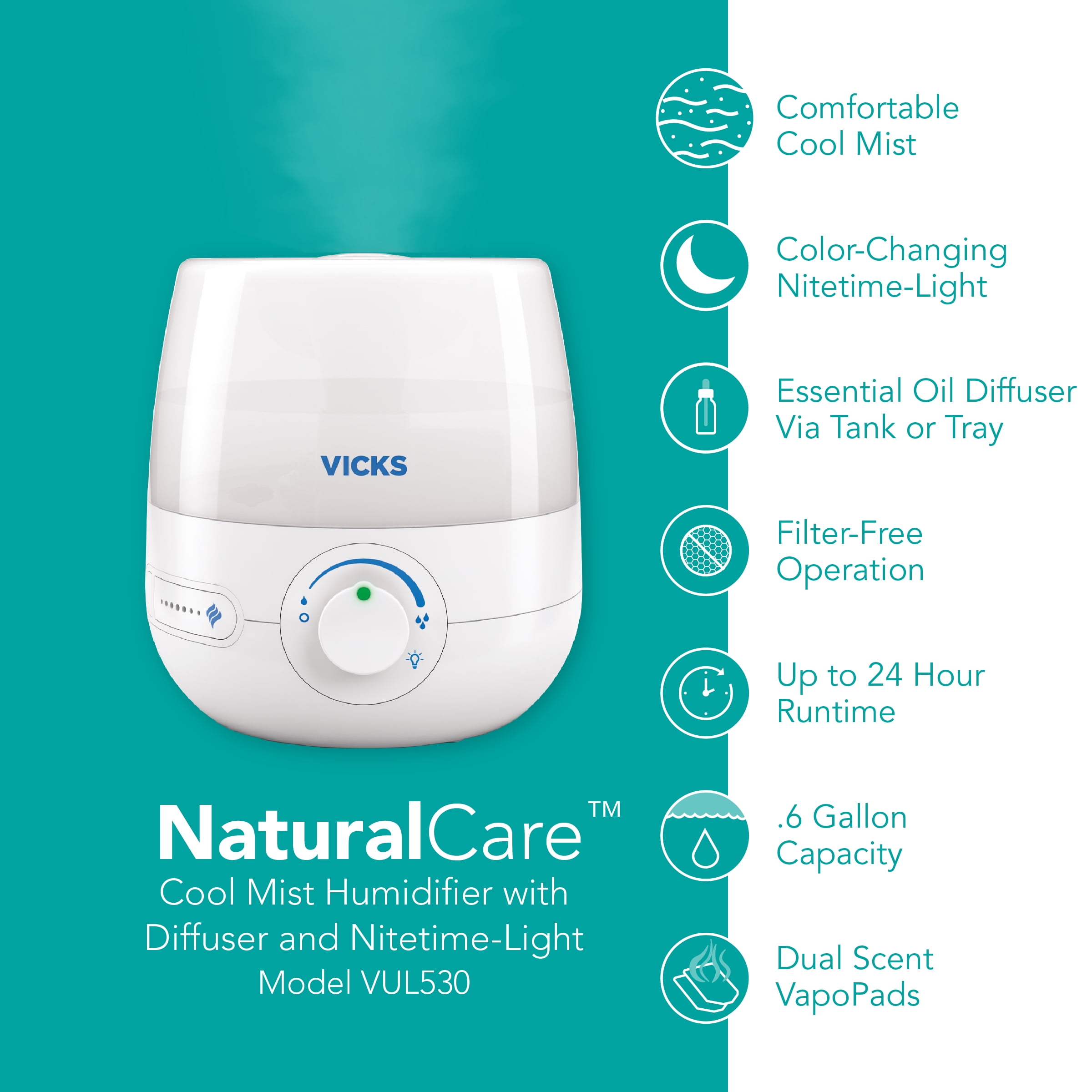Vicks Ultrasonic Cool Mist Humidifier with Essential Oil Diffuser (White, 0.6 gal) hddgz