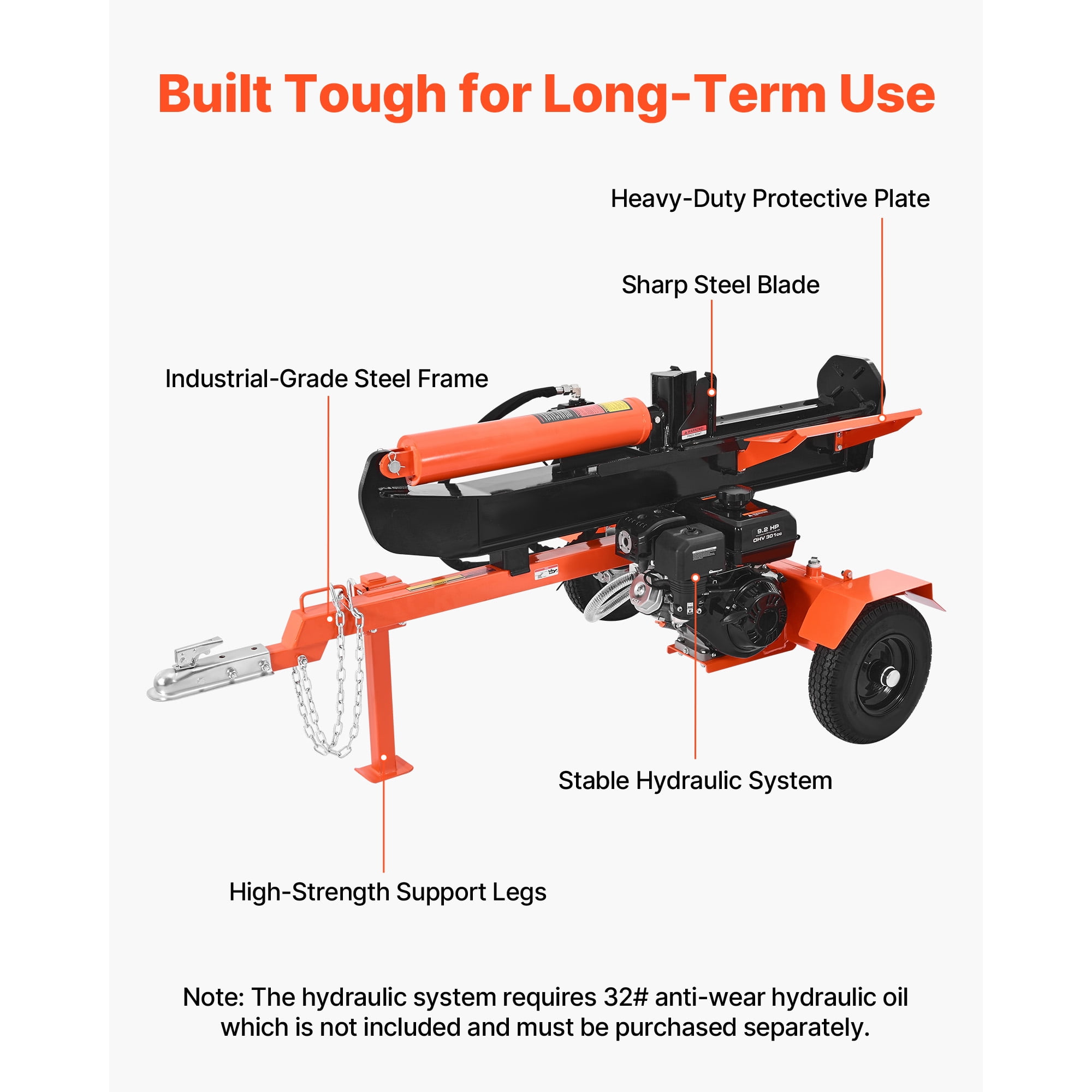 KFFKFF 30-Ton Gas Log Splitter, 306CC Engine, Hydraulic Wood Splitting Machine with 2-in Ball Coupler (Orange, 24-in Log Capacity) mlmga
