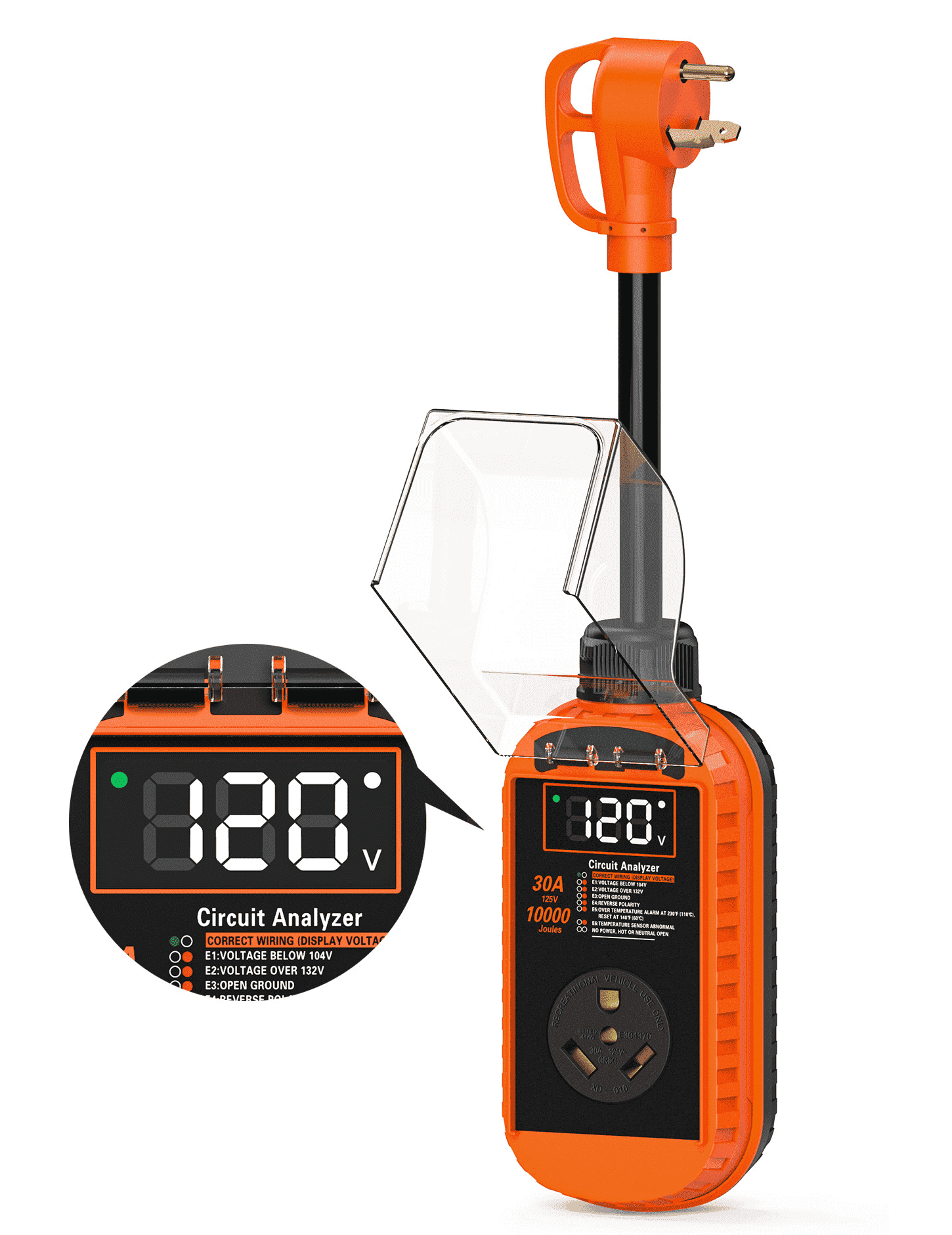 Mpow 30 Amp RV Surge Protector, 10,000J Smart Circuit Analyzer with LED Display & Auto Shutoff (Orange, 30 Amp) 5b85g