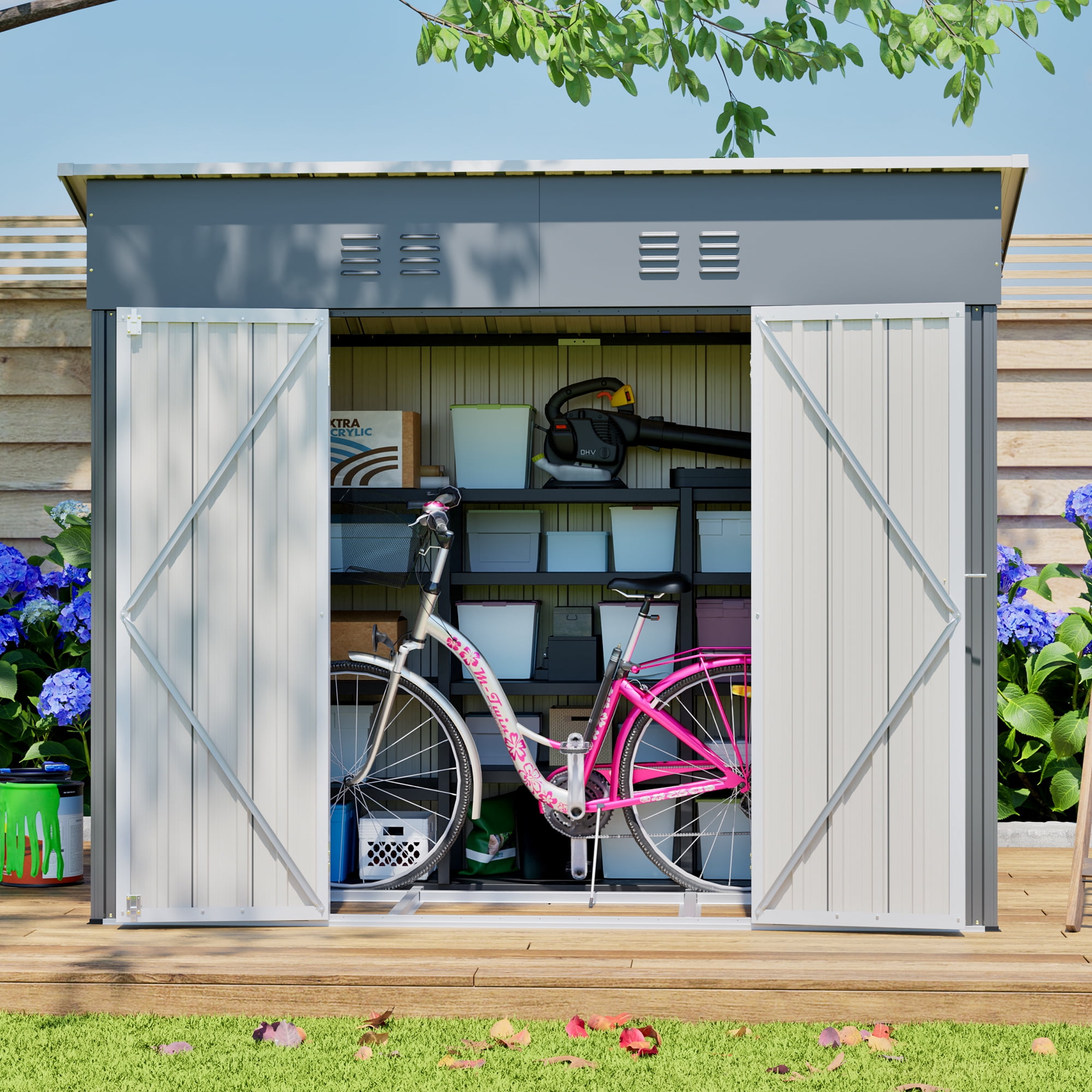 LZBEITEM Outdoor Metal Storage Shed, Weather-Resistant Garden Tool Shed with Galvanized Floor Frame (Grey, 8 ft x 4 ft) ere2c
