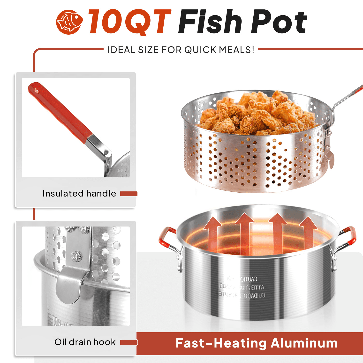 FURRYFECTION Aluminum Fish Fryer Pot with Basket and Lid (10 qt, Silver) pif2w