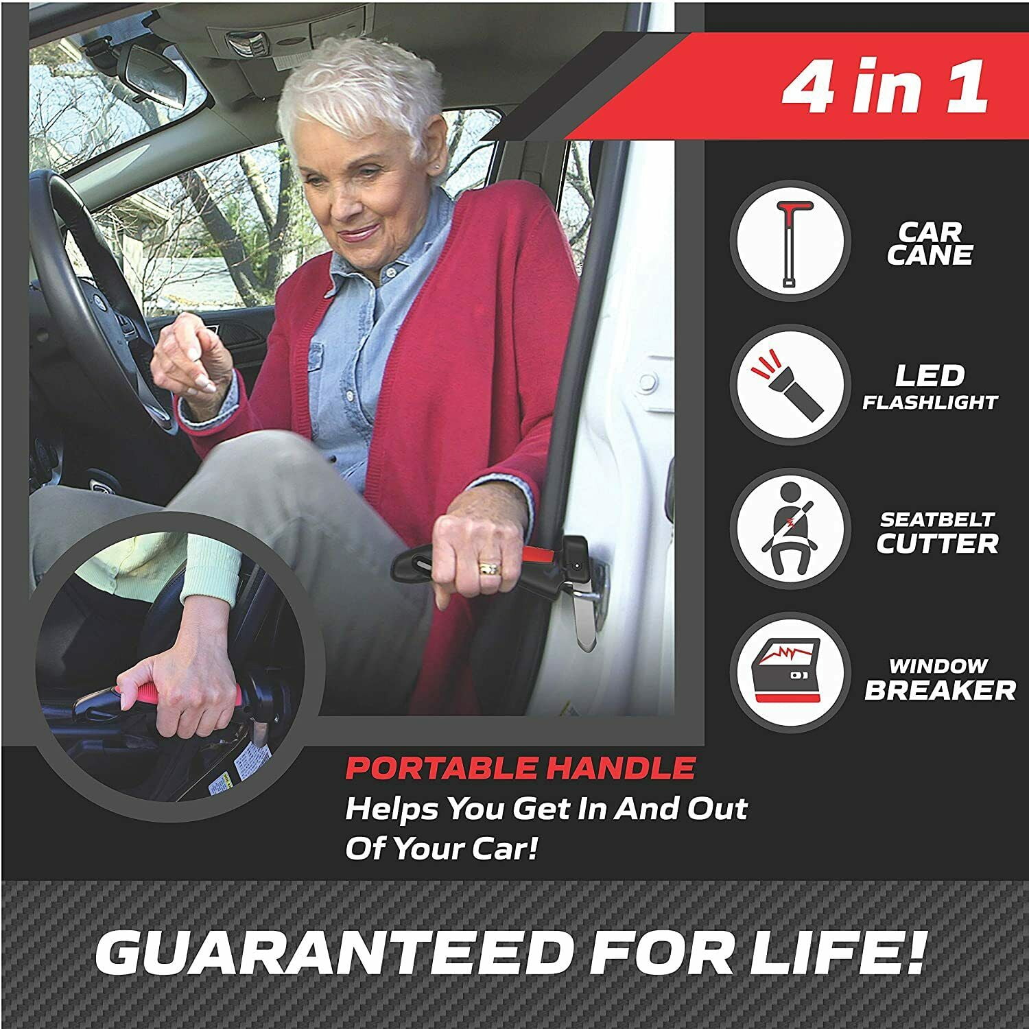 As Seen on TV Car Cane Auto Assist Handle with LED Flashlight, Seatbelt Cutter, and Window Breaker (Red) 56yfg