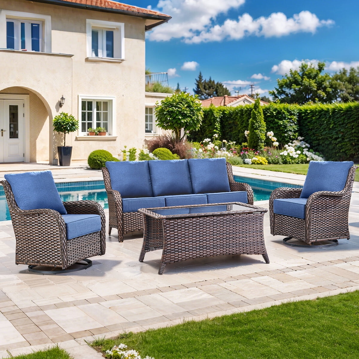 Bellefurn Luxury Outdoor Deep Seat Cushion Set, Waterproof & Fade Resistant Patio Furniture Cushion for Wicker Chairs and Sofas (Blue, 22 in x 24 in x 6 in) 4spxu