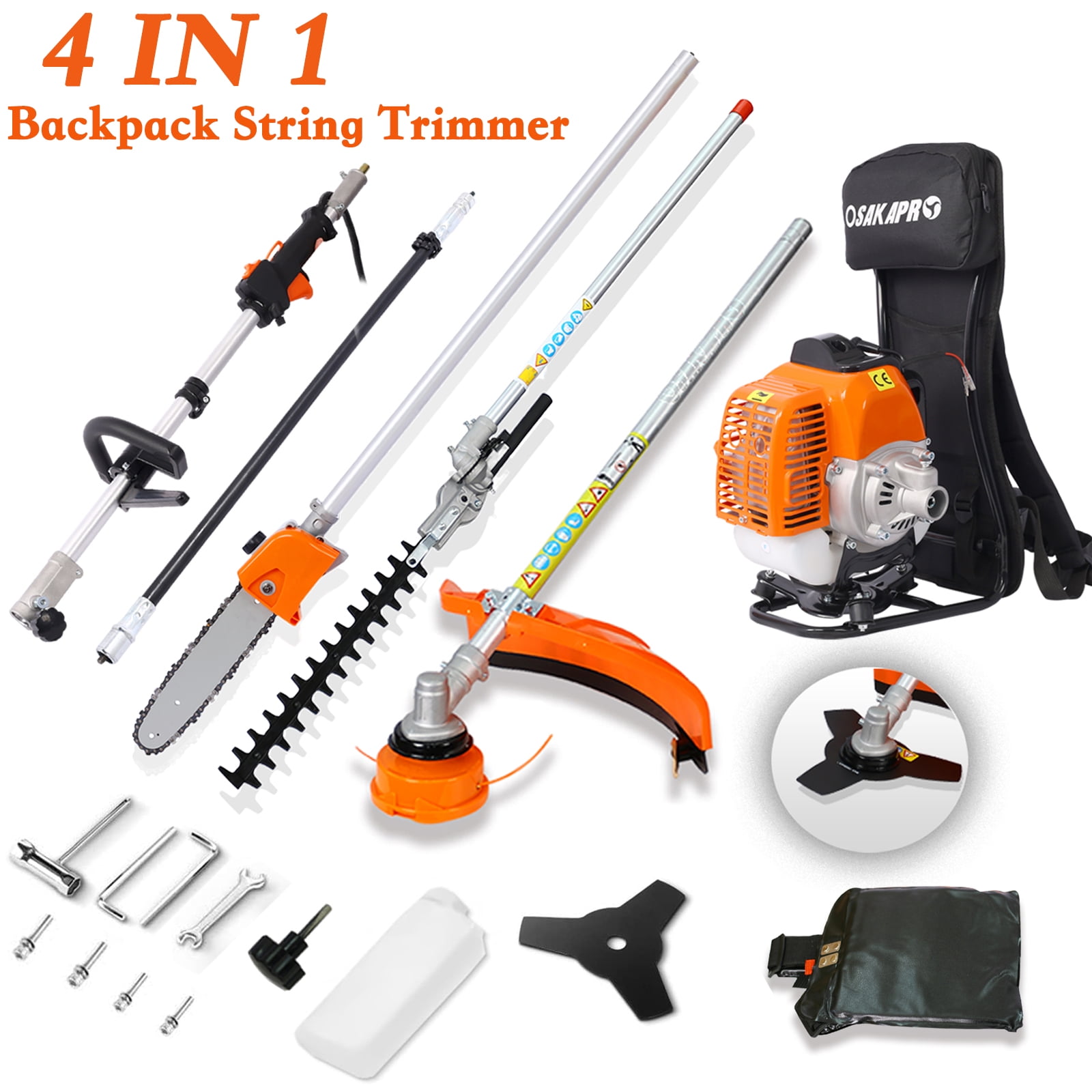 POWANLI 4-in-1 Gas Garden Tool System, Multi-Functional Backpack Trimmer with Hedge Trimmer, Pole Saw, Grass Trimmer, and Brush Cutter (52cc, 1 Pack) 4a5ed