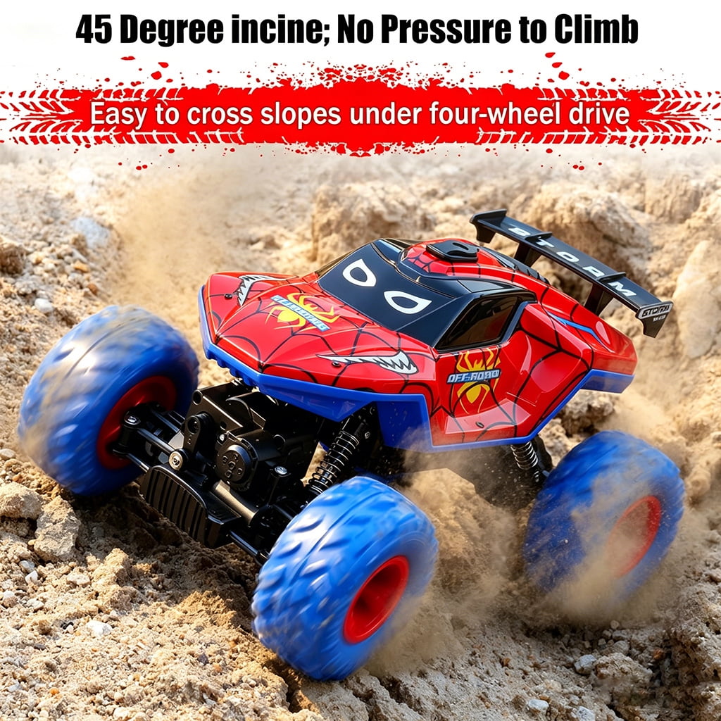 HNH 1:16 Spider Monster Truck RC Car, 4WD All-Terrain Off-Road Vehicle with LED Lighting and Spray Effect (Red, 1:16 Scale) zygid