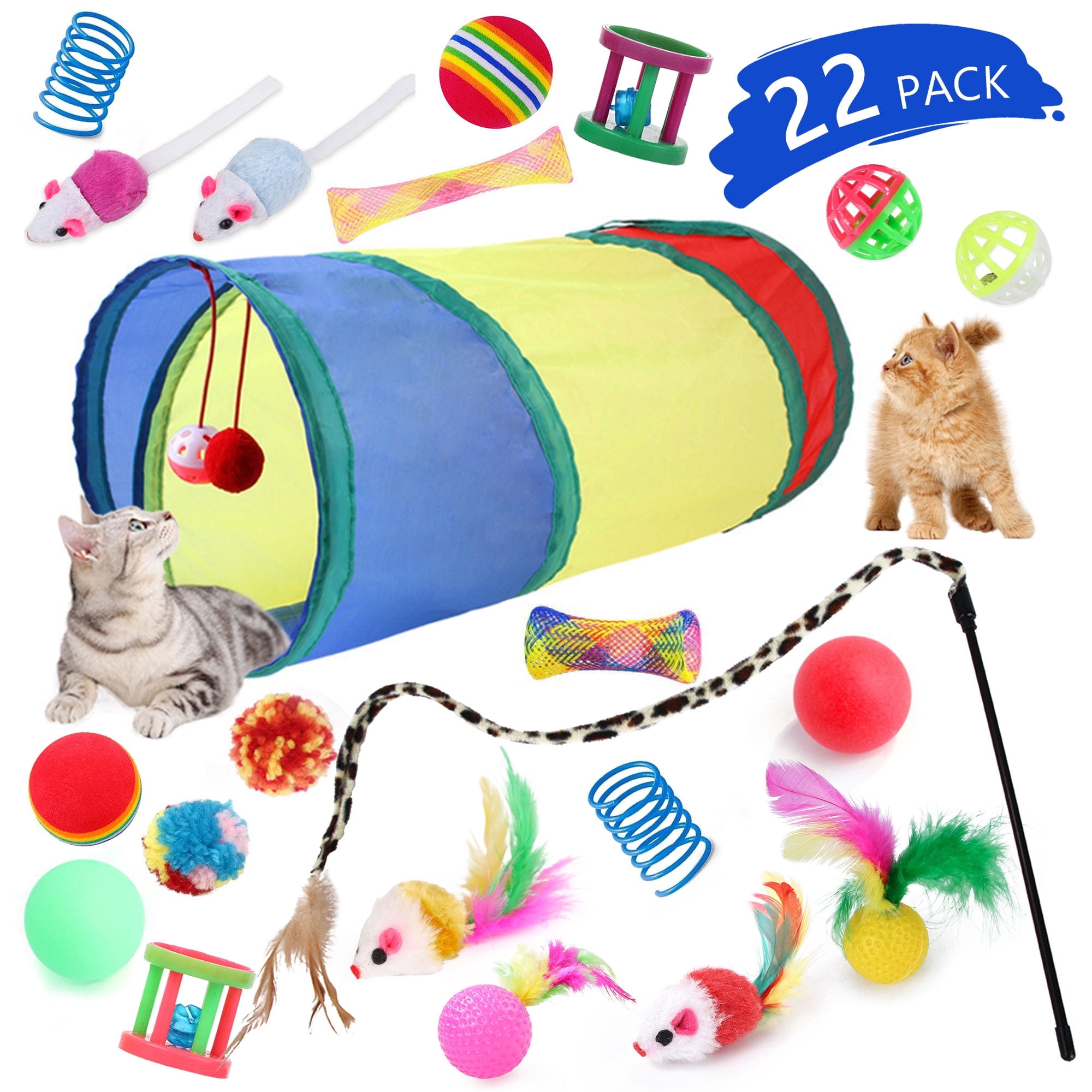 Semfri Interactive Cat Toy Set with Collapsible Tunnel and Feather Teaser Wands (22 Piece Set) pjt9f