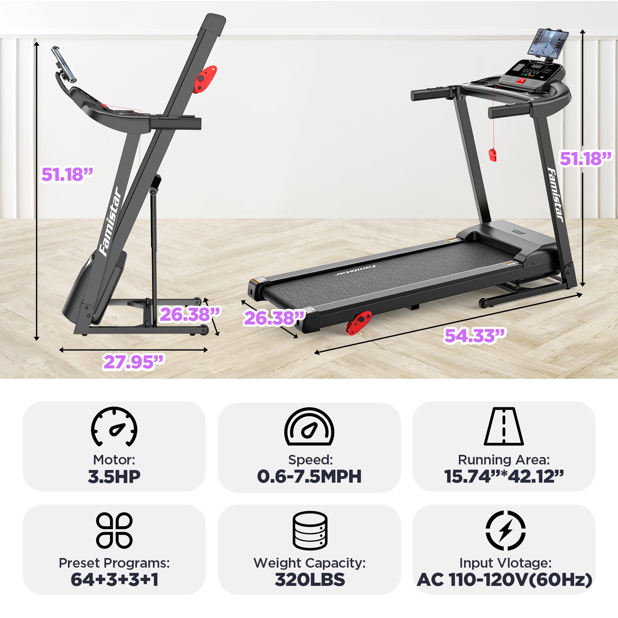 Famistar Folding Electric Treadmill for Home, Portable Exercise Machine with Adjustable Incline, APP Control, Bluetooth Speakers (320 lb Capacity) b497y
