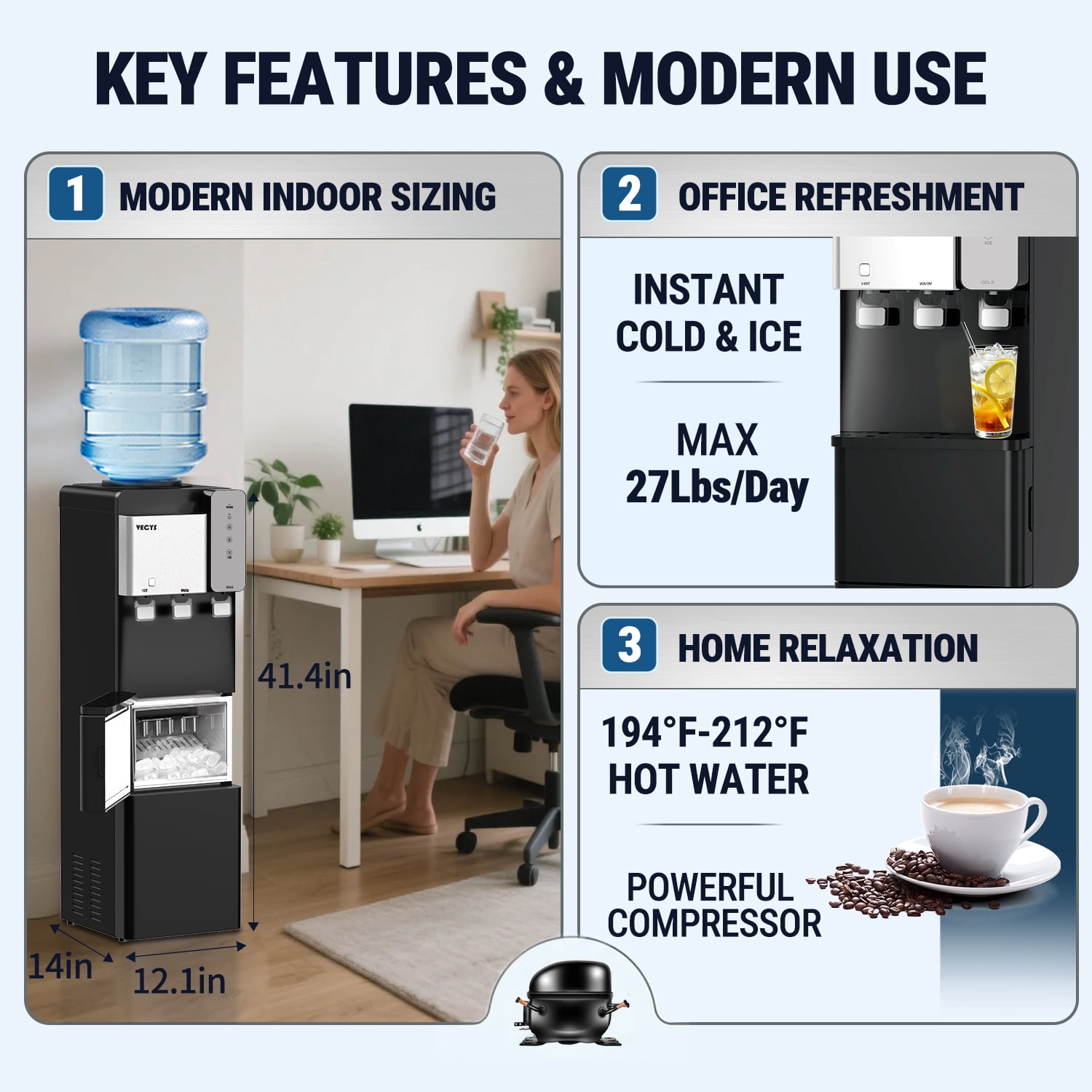 VECYS 3-in-1 Water Dispenser with Built-in Ice Maker (Black, 27 lb Daily Capacity) a8ex8