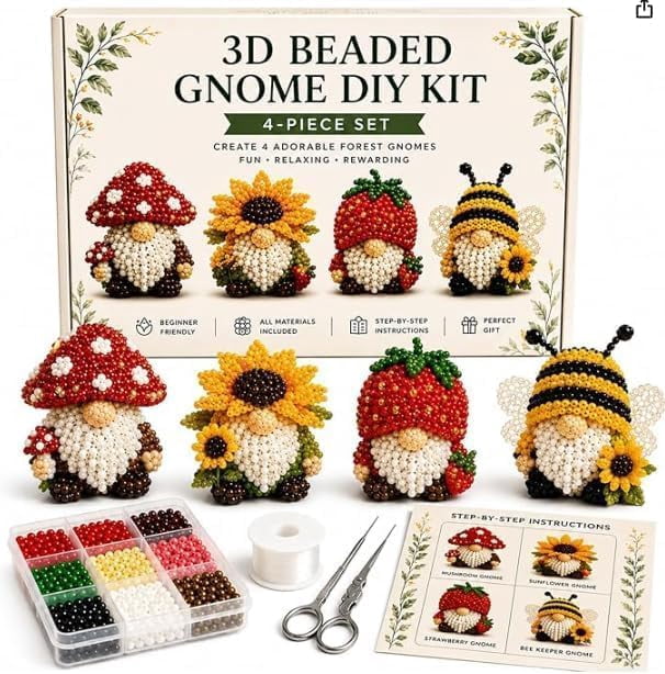Jiapai Home 3D Beaded Gnome DIY Craft Kit, Beginner-Friendly Handmade Miniature Gnome Set (4-Piece Collection) 0gyuf