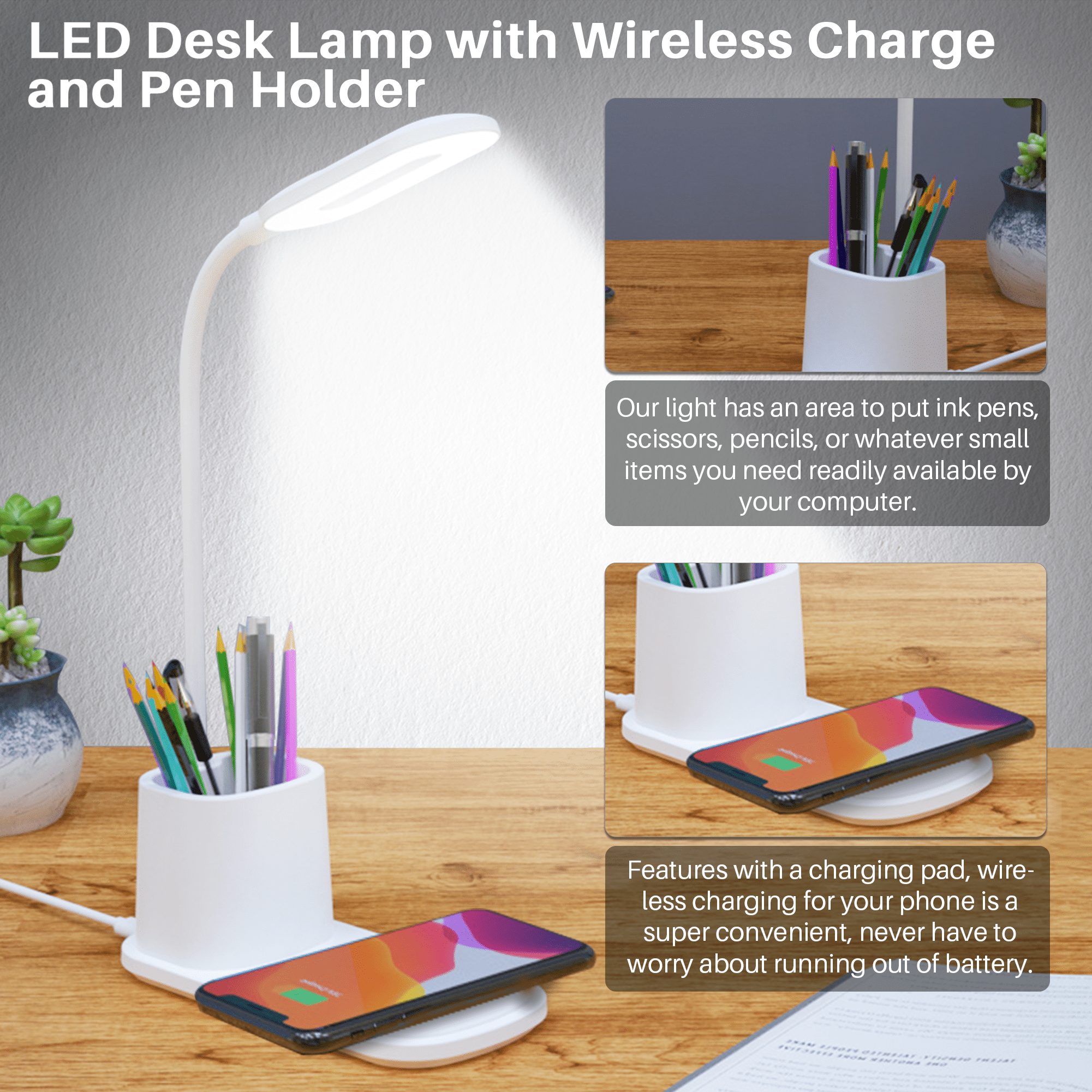 BCOOSS LED Desk Lamp with Wireless Charger and Pen Holder (3-Mode Dimmable, Flexible Gooseneck) i8cj6