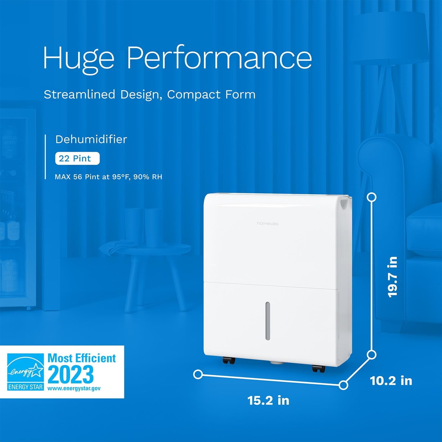 hOmeLabs Smart Wi-Fi Dehumidifier for Large Rooms, Moisture Control with Built-in Pump (22 Pint, White) pk22f