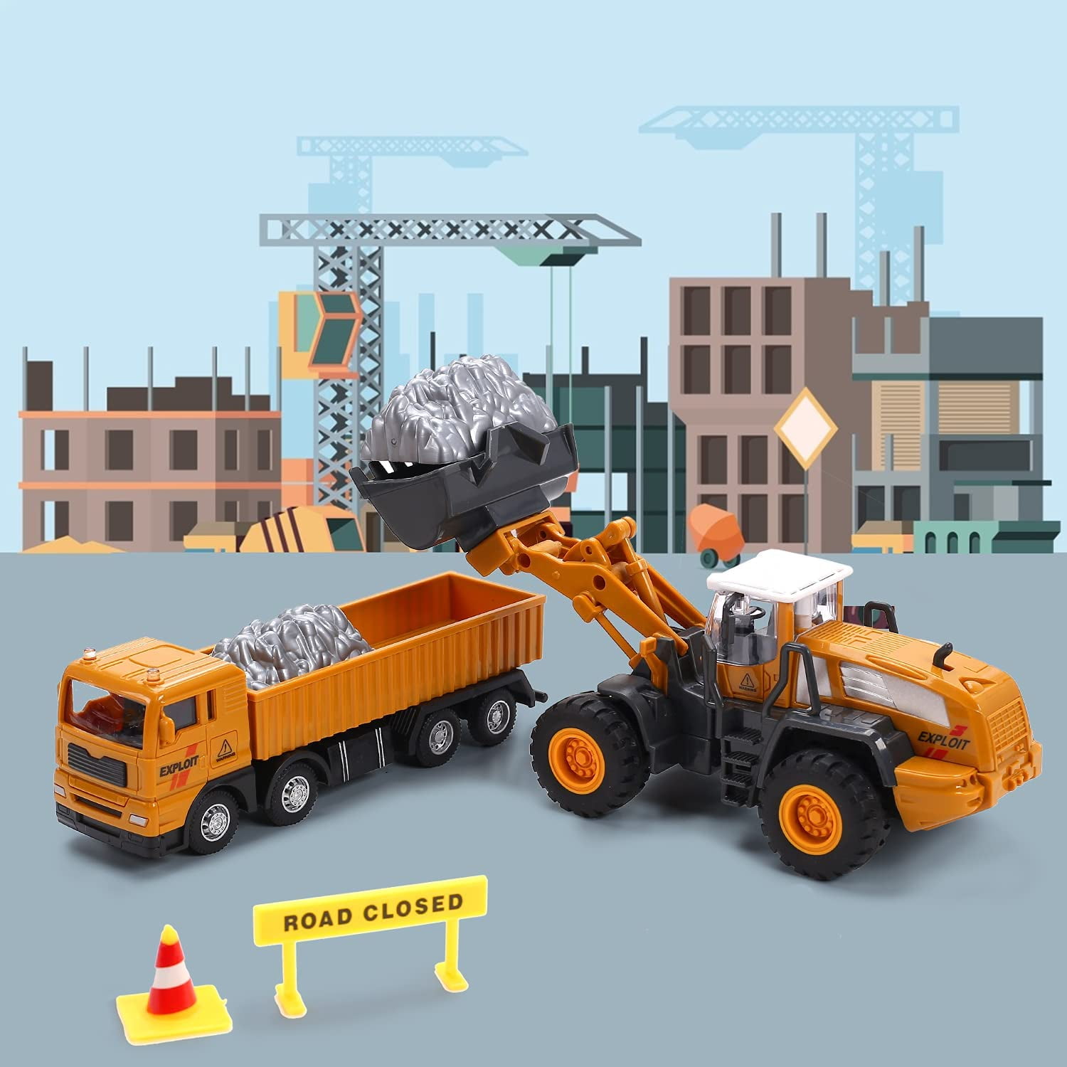 JoyStone Construction Vehicle Playset with Playmat and Movable Parts (Yellow, 1 Set) qij64