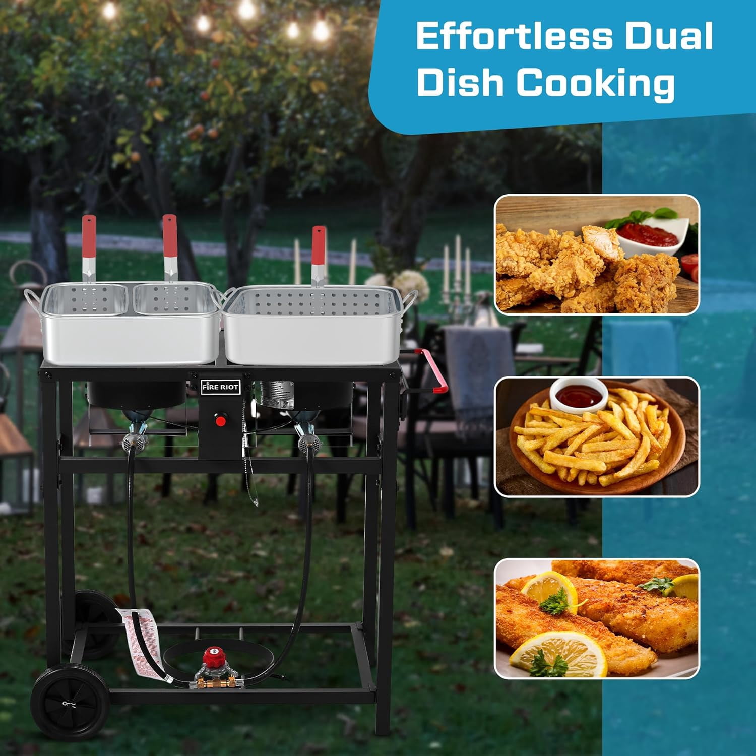 Fire Riot Outdoor Double Burner Propane Deep Fryer Set with 2 Aluminum Pots and Baskets (18 qt) f80eg