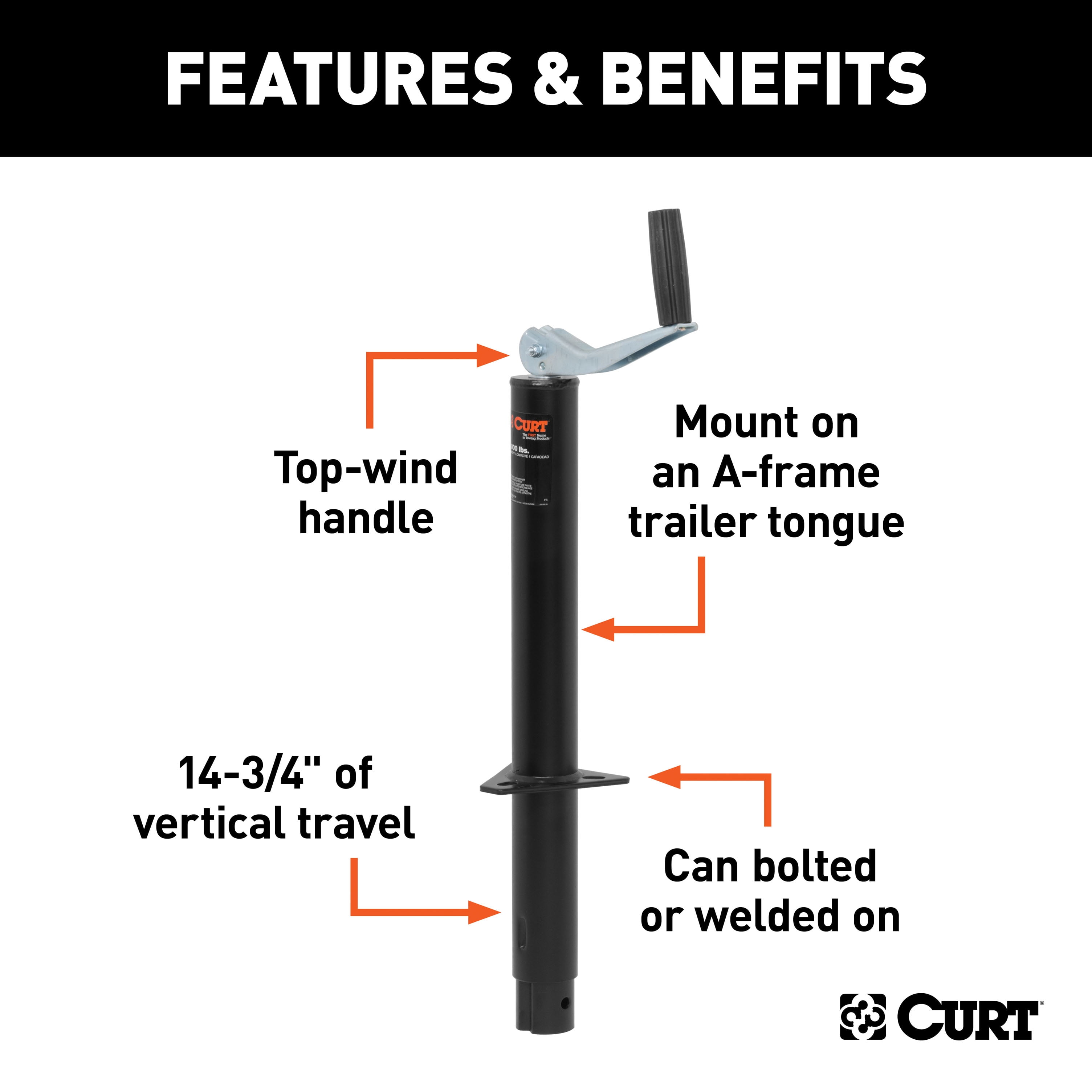 CURT 28202 A-Frame Trailer Jack, Heavy-Duty Tongue Support, 2,000 lb Capacity (14.75 in Vertical Travel) oewy1