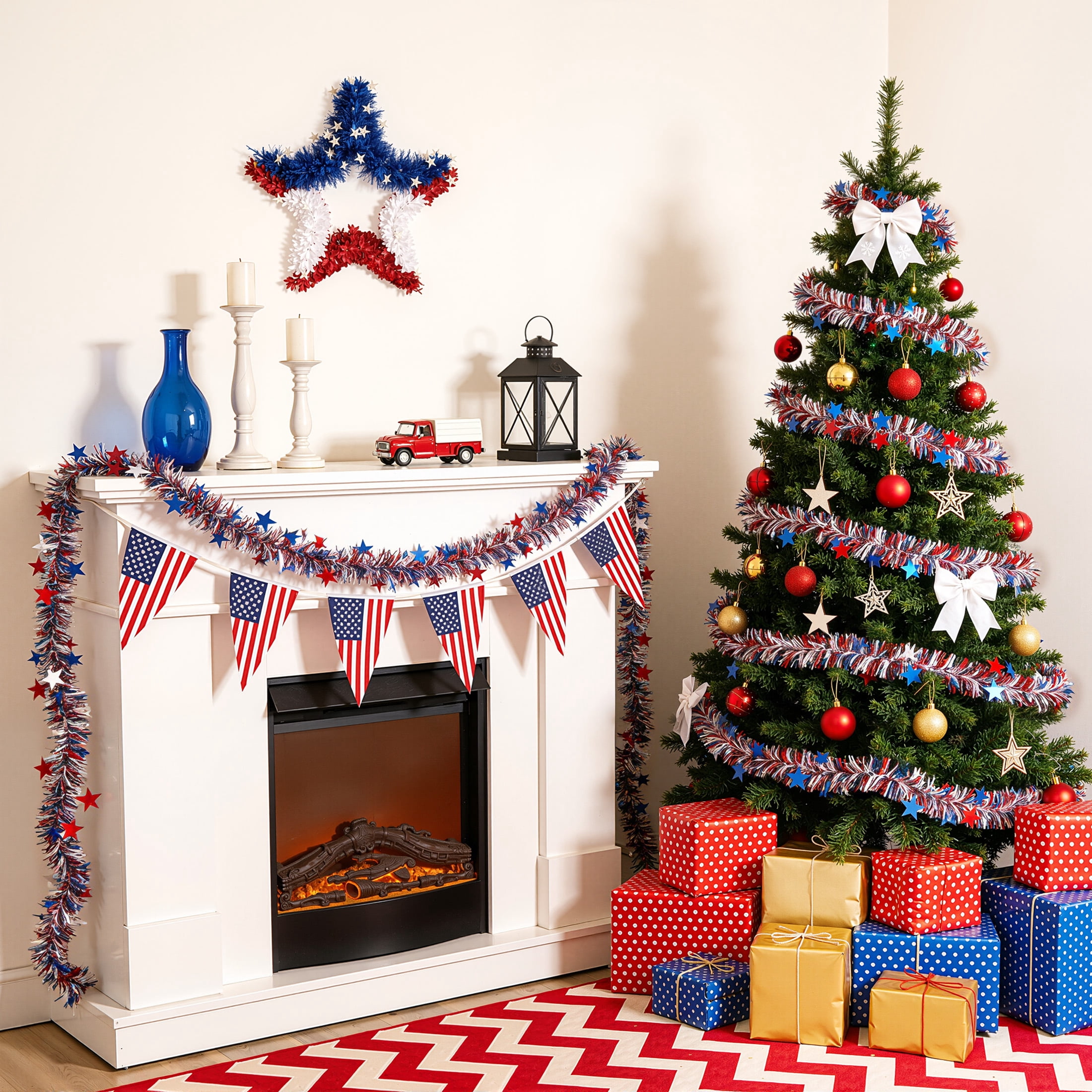 DR.Planzen Patriotic Tinsel Garland for Independence Day Decoration (Red White Blue, 3 Pack 9 ft) uue0t