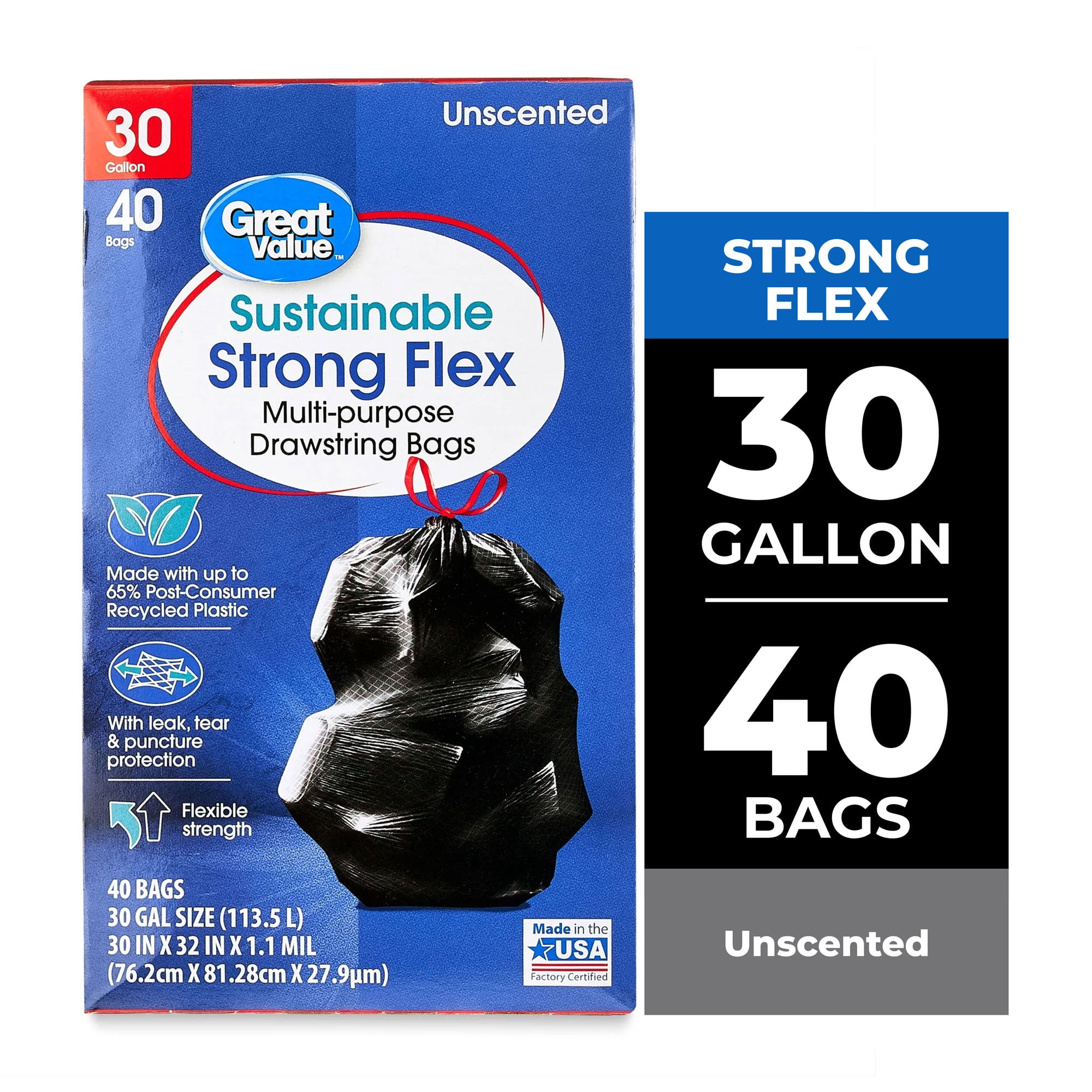 Great Value Sustainable Multi-Purpose Drawstring Trash Bags (30 Gallon, 40 Count) 67ois