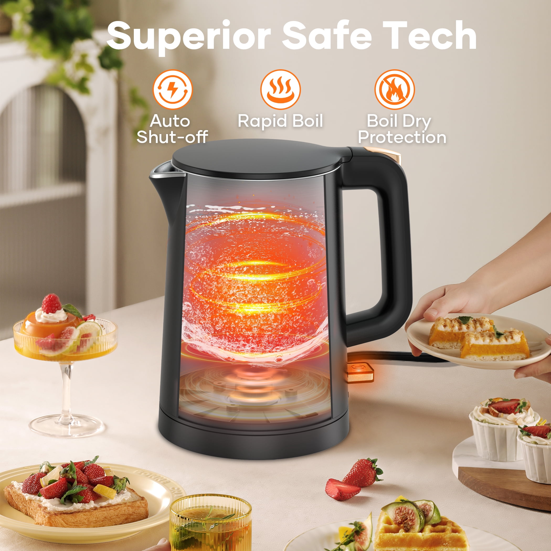 Consiwa Electric Kettle, Double Wall Stainless Steel Water Boiler, Quick Boil Mini Tea Pot with Auto Shut Off (Black, 27 fl oz) vw2d3