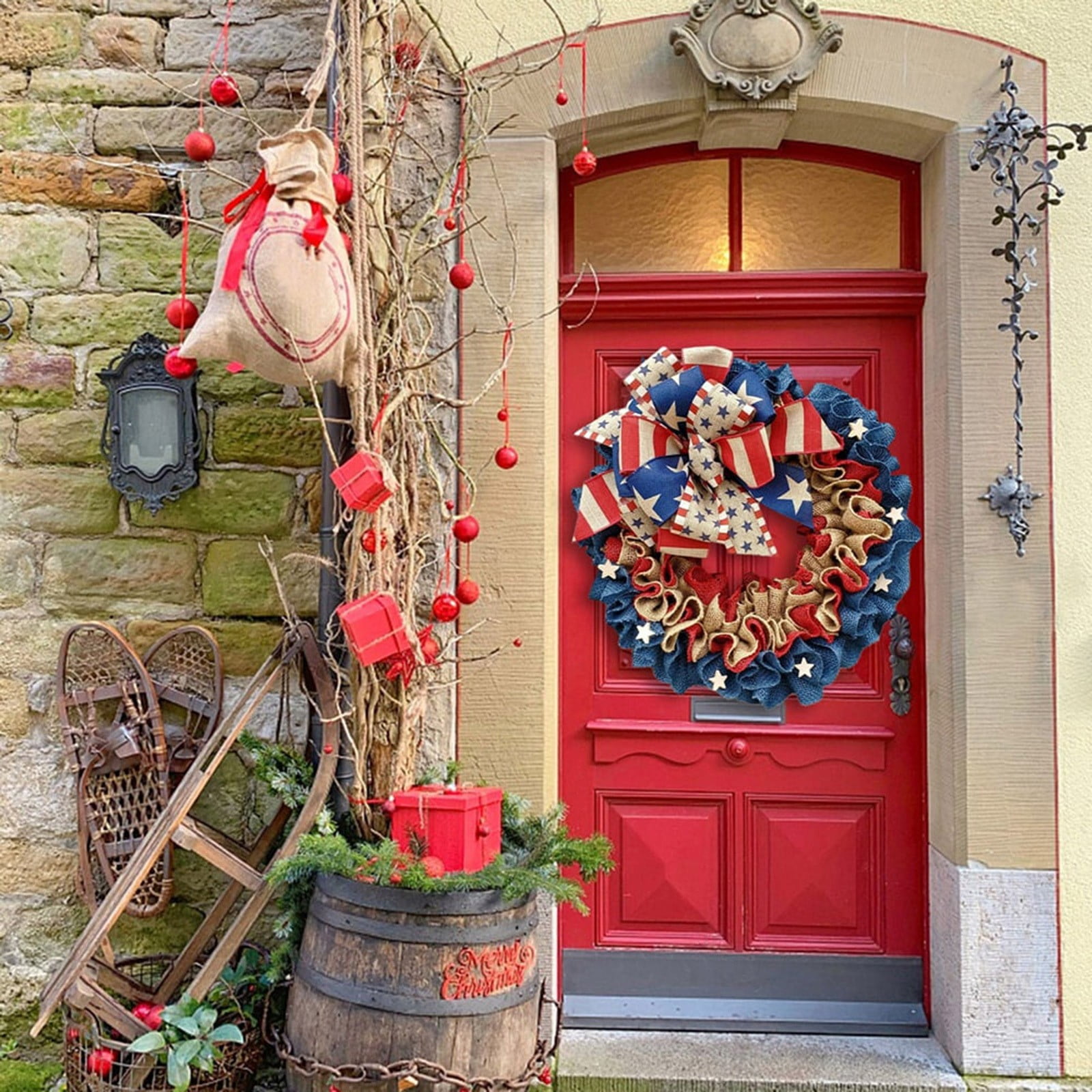 IUAMXWU Patriotic Burlap Wreath, American Flag Bow Ruffled Decor for Front Door (Red, 16 in) p3bnx