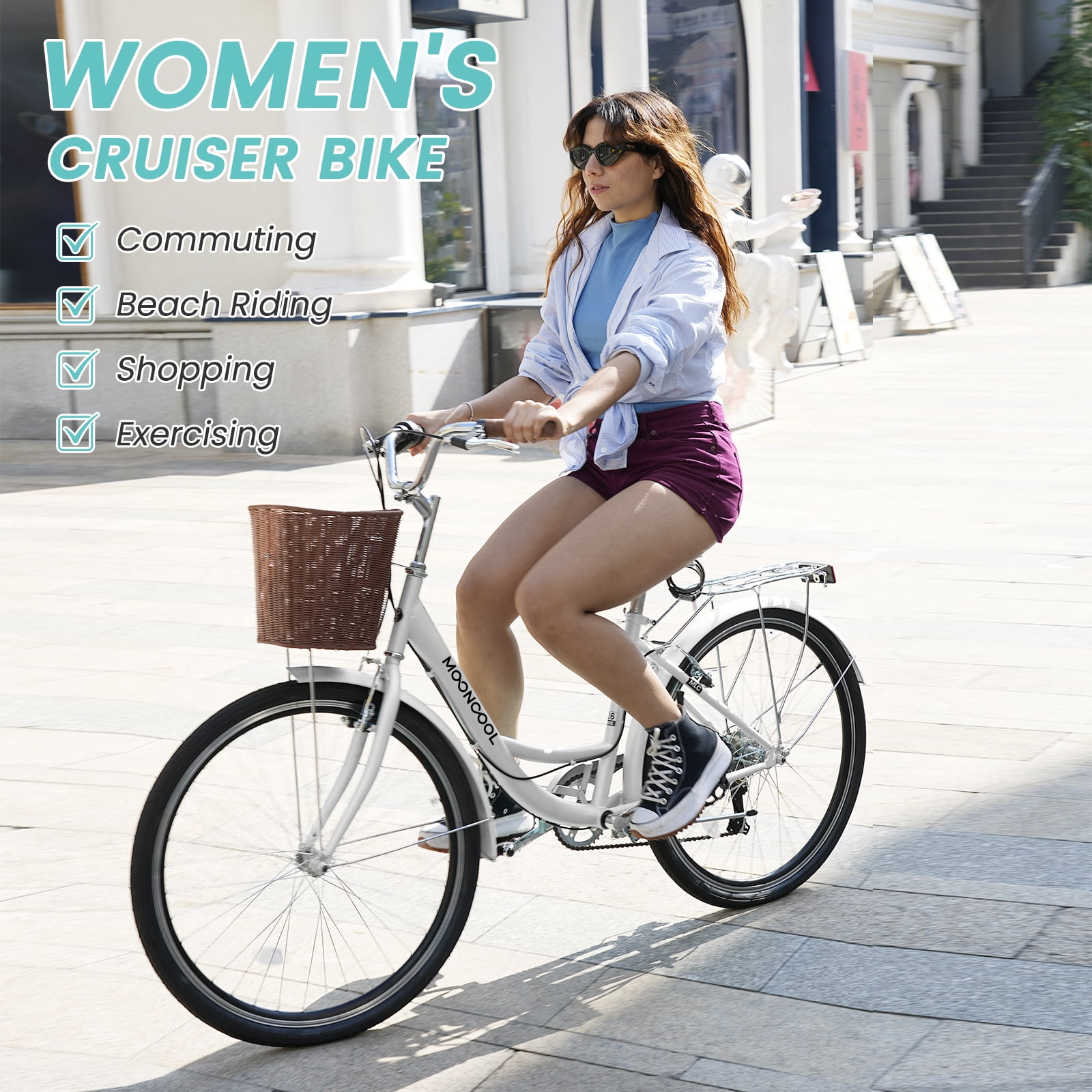 MOONCOOL 7-Speed Cruiser Bike for Women, Step-Through City Bicycle with Basket and Rear Rack (White, 26 in) mld91