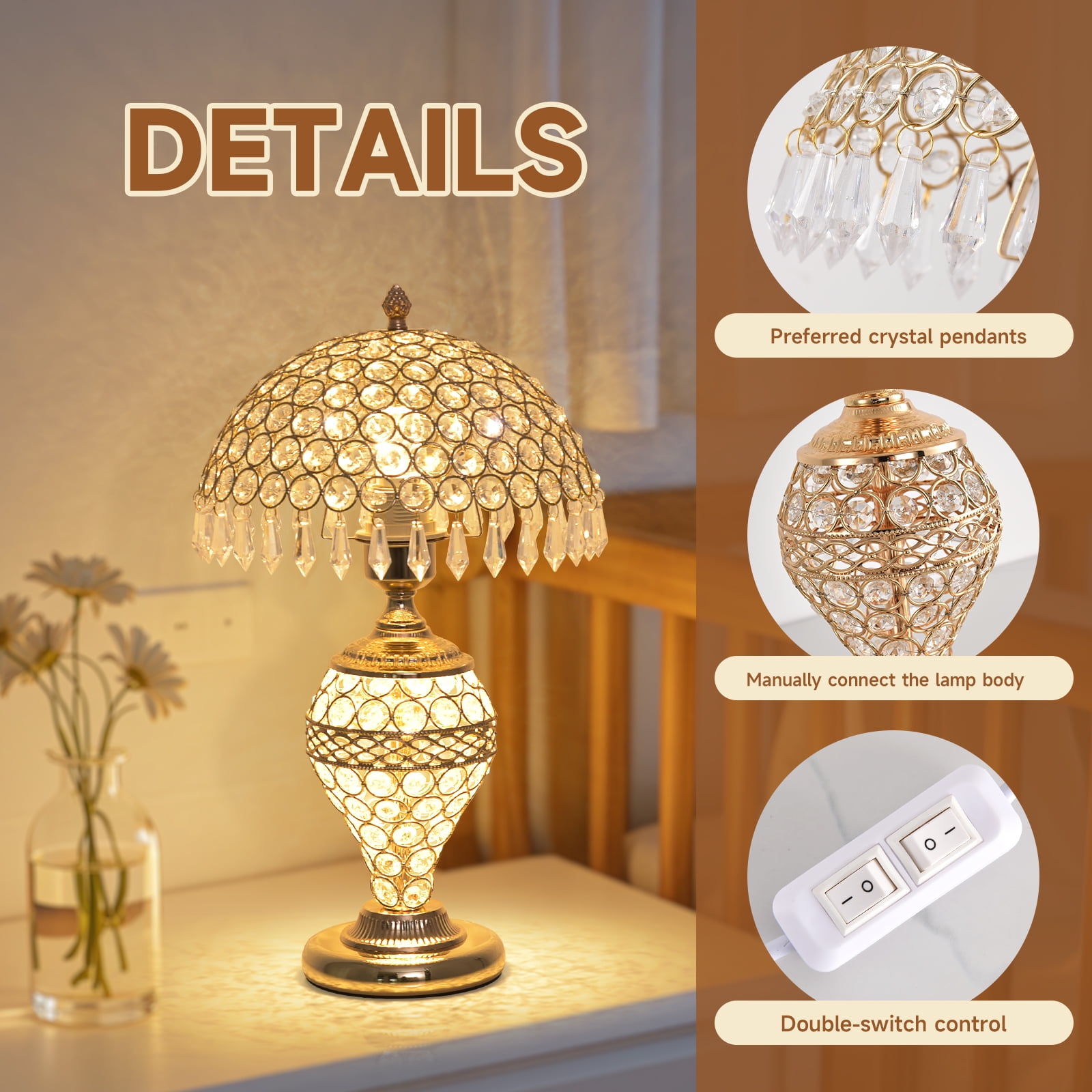 xiaojuande Crystal Table Lamp Modern LED Bedside Light with 3-Level Dimming (Silver, 9.8 in) 3v253
