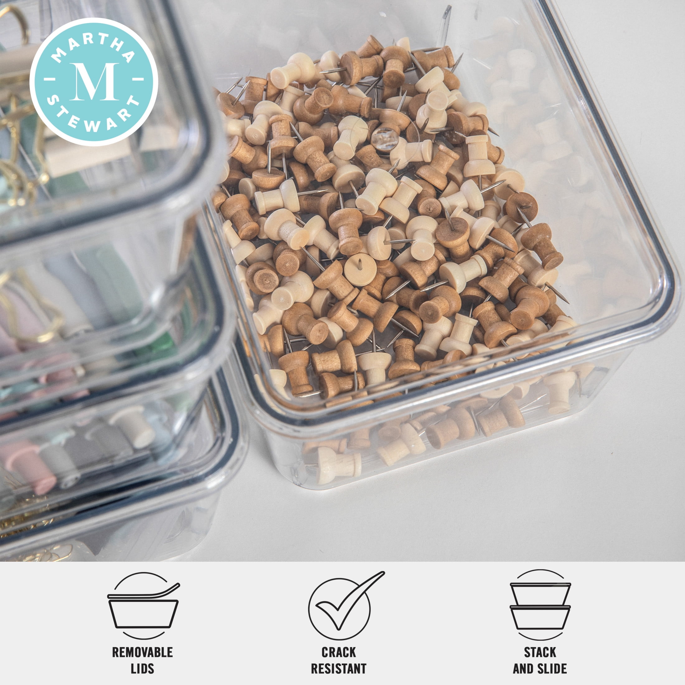 Martha Stewart Brody Stackable Plastic Storage Box with Lids for Office Desktop Organization (Clear, 4 Pack, 6.75 in x 5 in x 3.25 in) 4kb66
