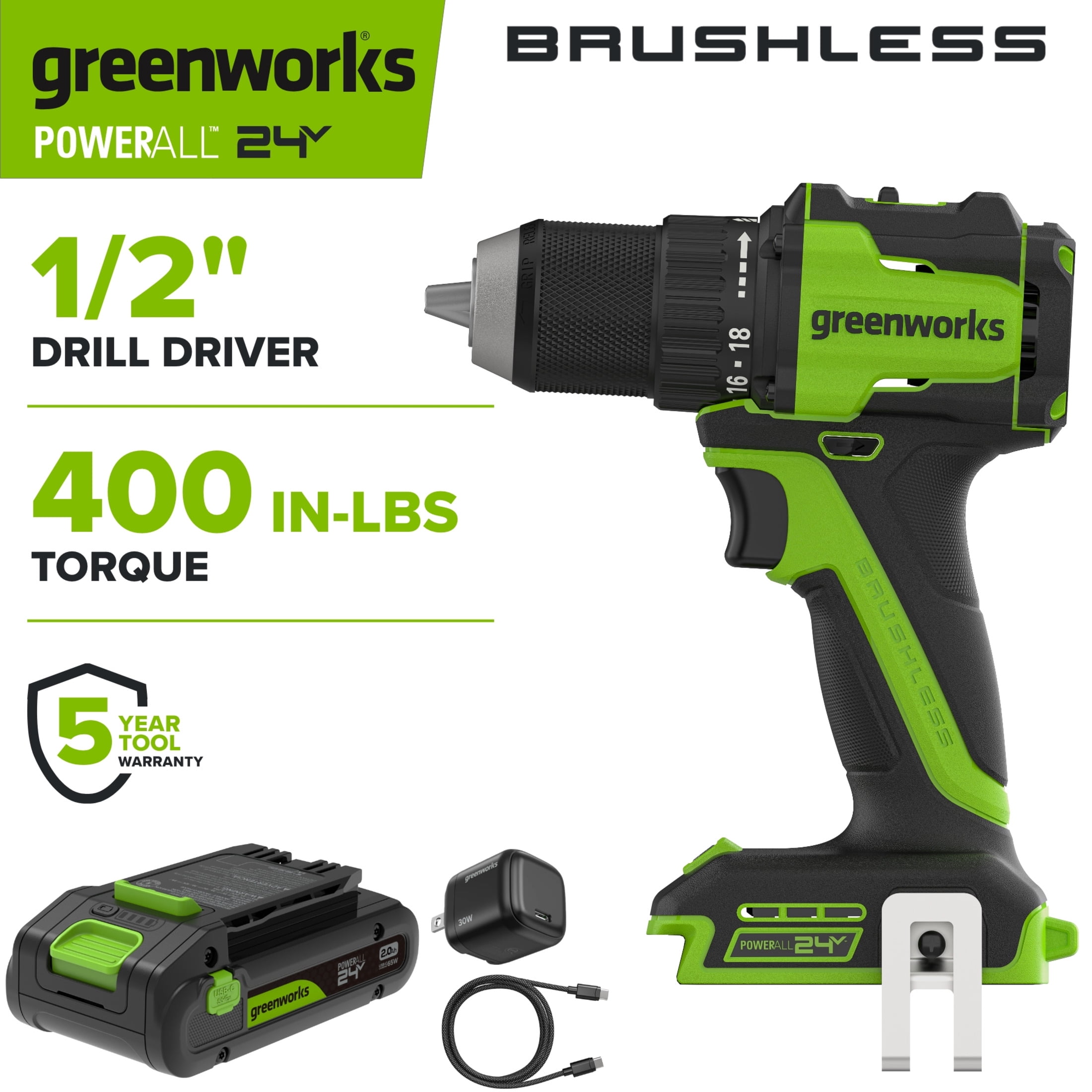 Greenworks PowerAll 24V Brushless Cordless Drill Driver with 2 Ah Battery (Green, 1/2 in) 69nzi