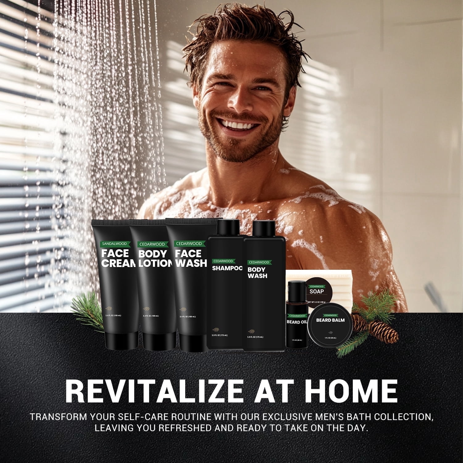 Rinse & Robust Men's Beard Grooming Kit, Cedarwood Scented Spa Gift Set (Black, 10-Piece Set) u9qem