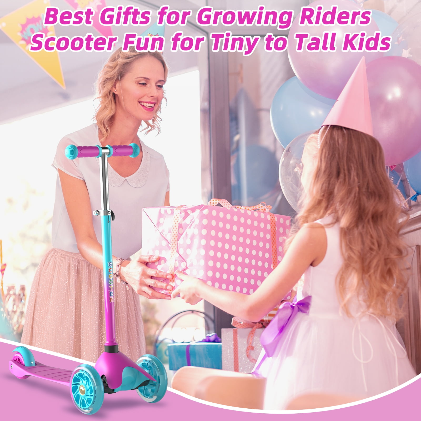 KORIMEFA 3-Wheel Kids Kick Scooter with Light-Up Wheels and Adjustable Handlebar (Pink, 110 lb Capacity) avdw0