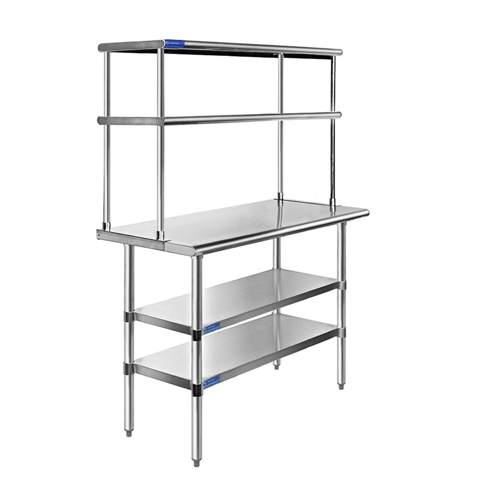 AmGood Stainless Steel Work Table with 2 Shelves and Double Tier Overshelf (Silver, 18 in x 30 in) ted07