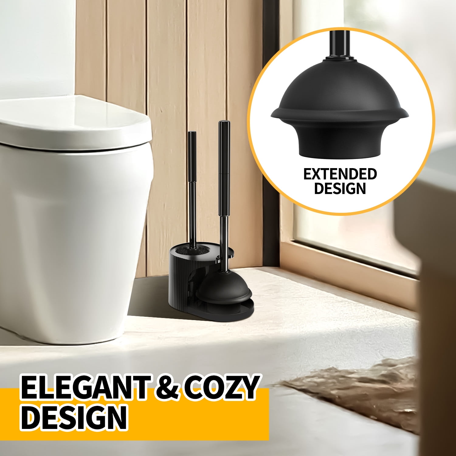 Propuri 2-in-1 Toilet Plunger and Brush Set with Extended Handle (Black, 1-Pack) etlao