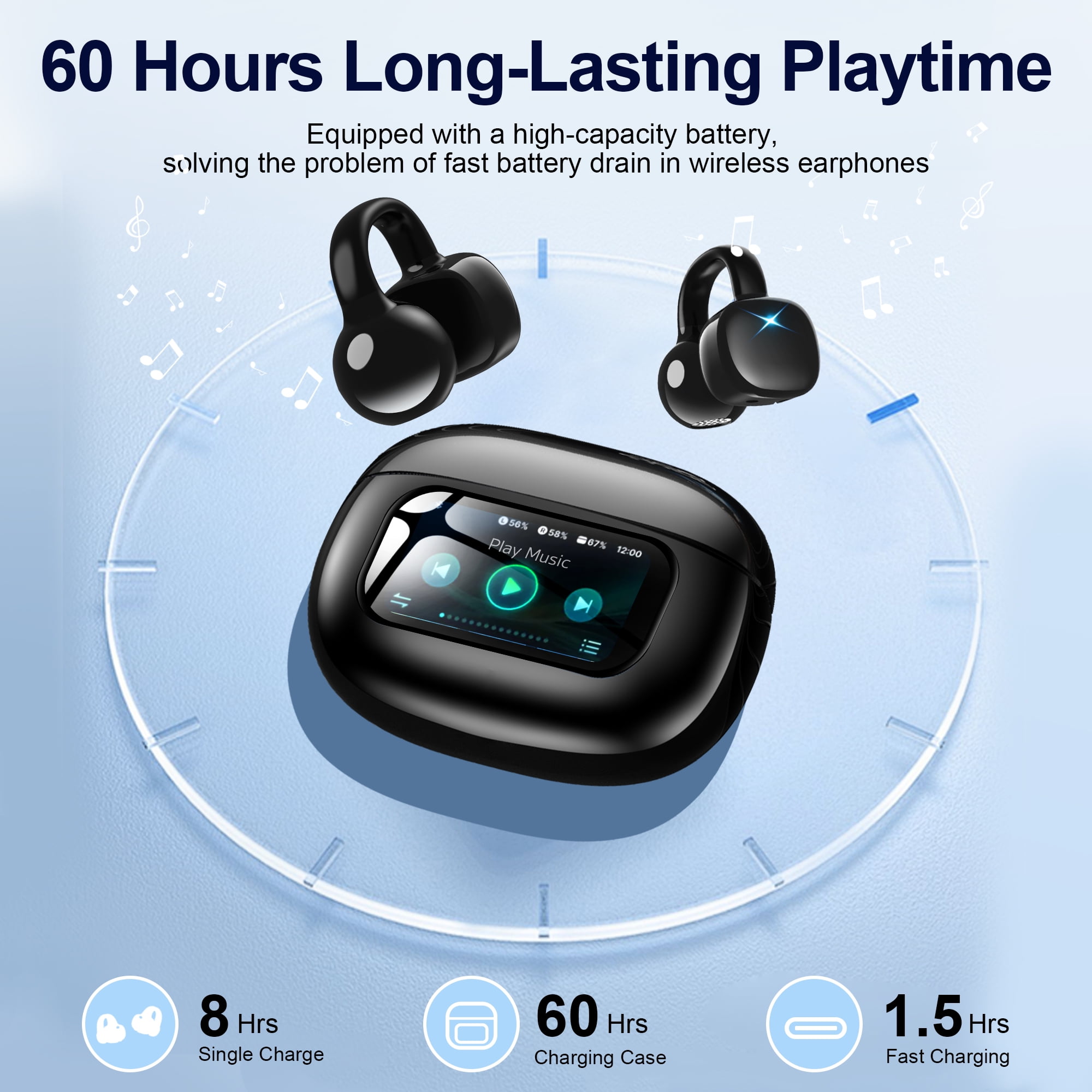 Breezio Open-Ear Wireless Earbuds with Smart Touchscreen Charging Case (Black) kp5sy