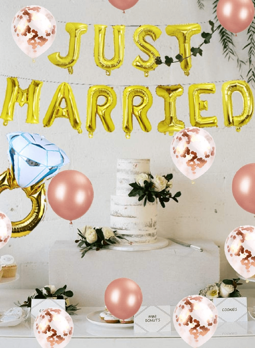 LaVenty Just Married Balloon Banner Set for Bridal Shower and Wedding Party Decorations (Pink, 12 Piece Set) dvrq5