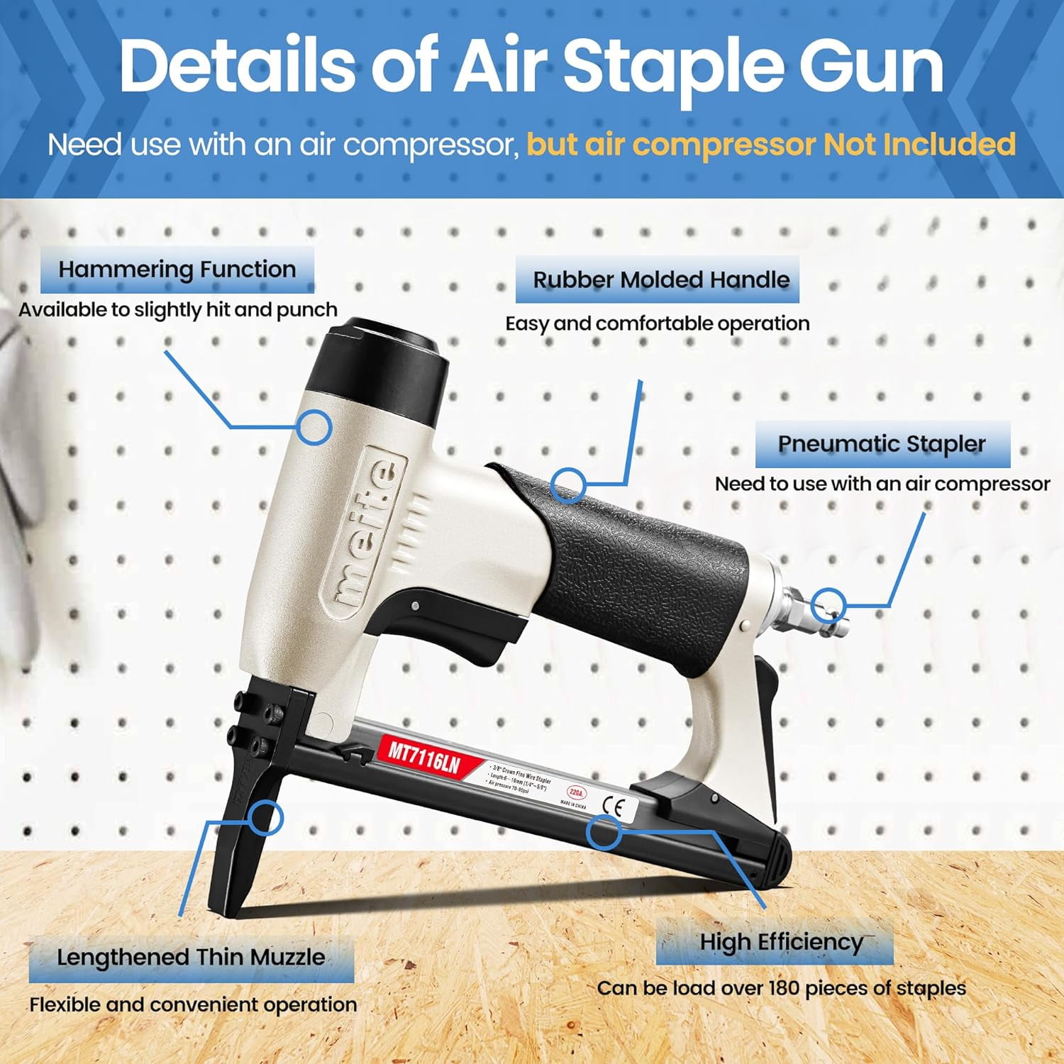 MEITE Long Nose Pneumatic Upholstery Stapler (Silver, 22 Gauge, 71 Series, 3/8 in Crown, 0.25 in to 0.625 in Length) c9f0k