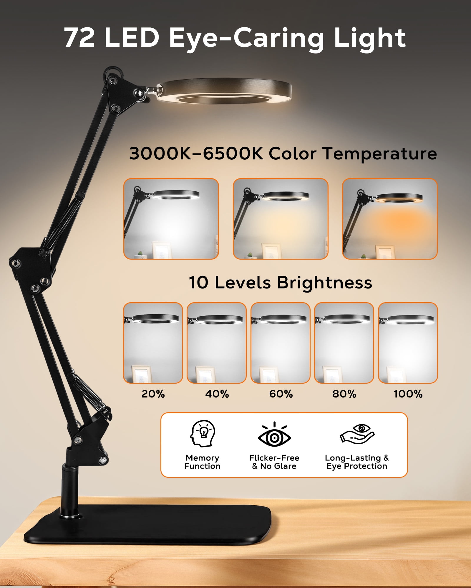 WEENEED 10X Magnifying Lamp with LED Light, Adjustable Swing Arm, Desk Clamp and Base (Black, 6.3 in Lens) kcp4c