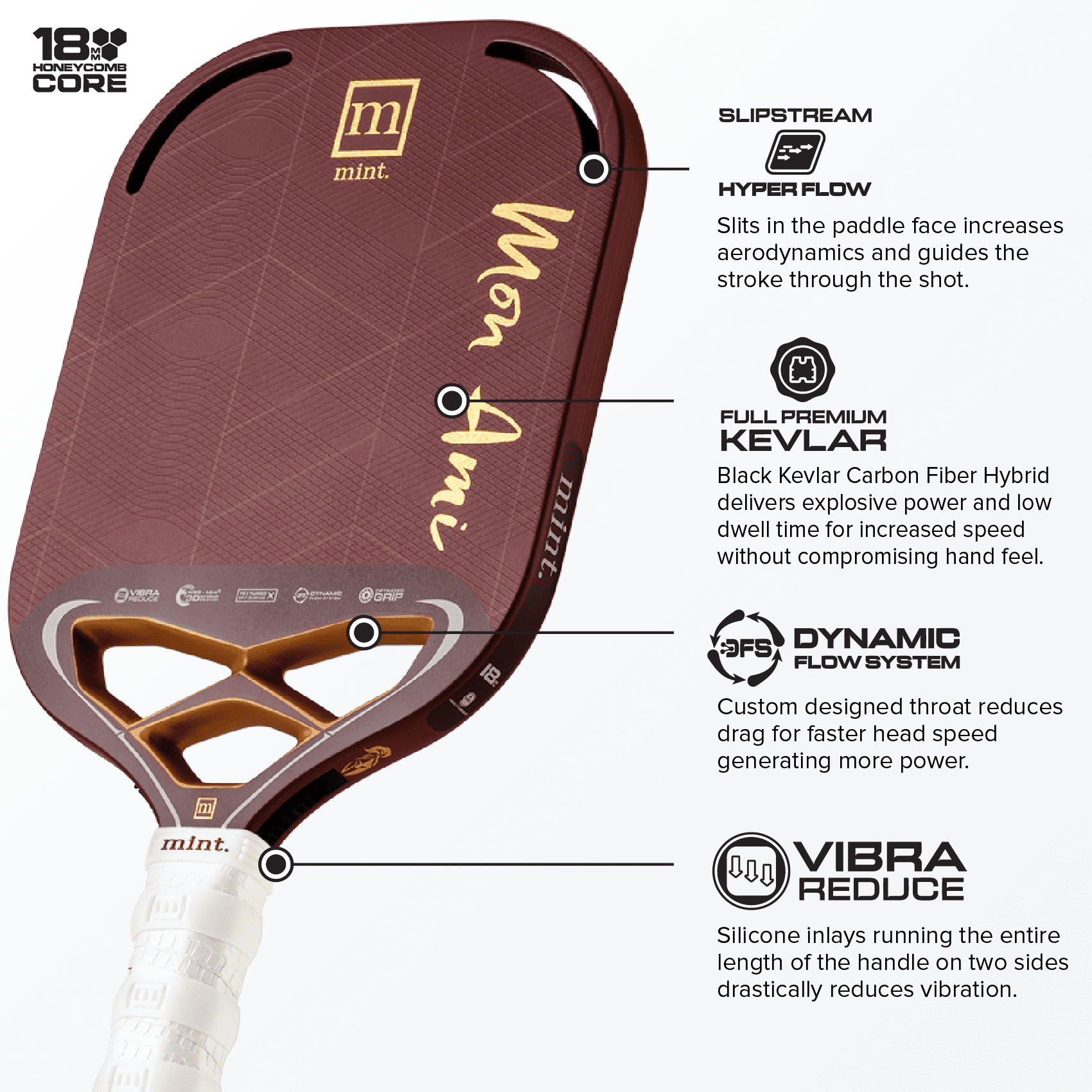 Mint Mon Ami Pickleball Paddle, Kevlar and Carbon Fiber Hybrid, Edgeless Design with 3D Textured Surface (Red, 18mm) enegg