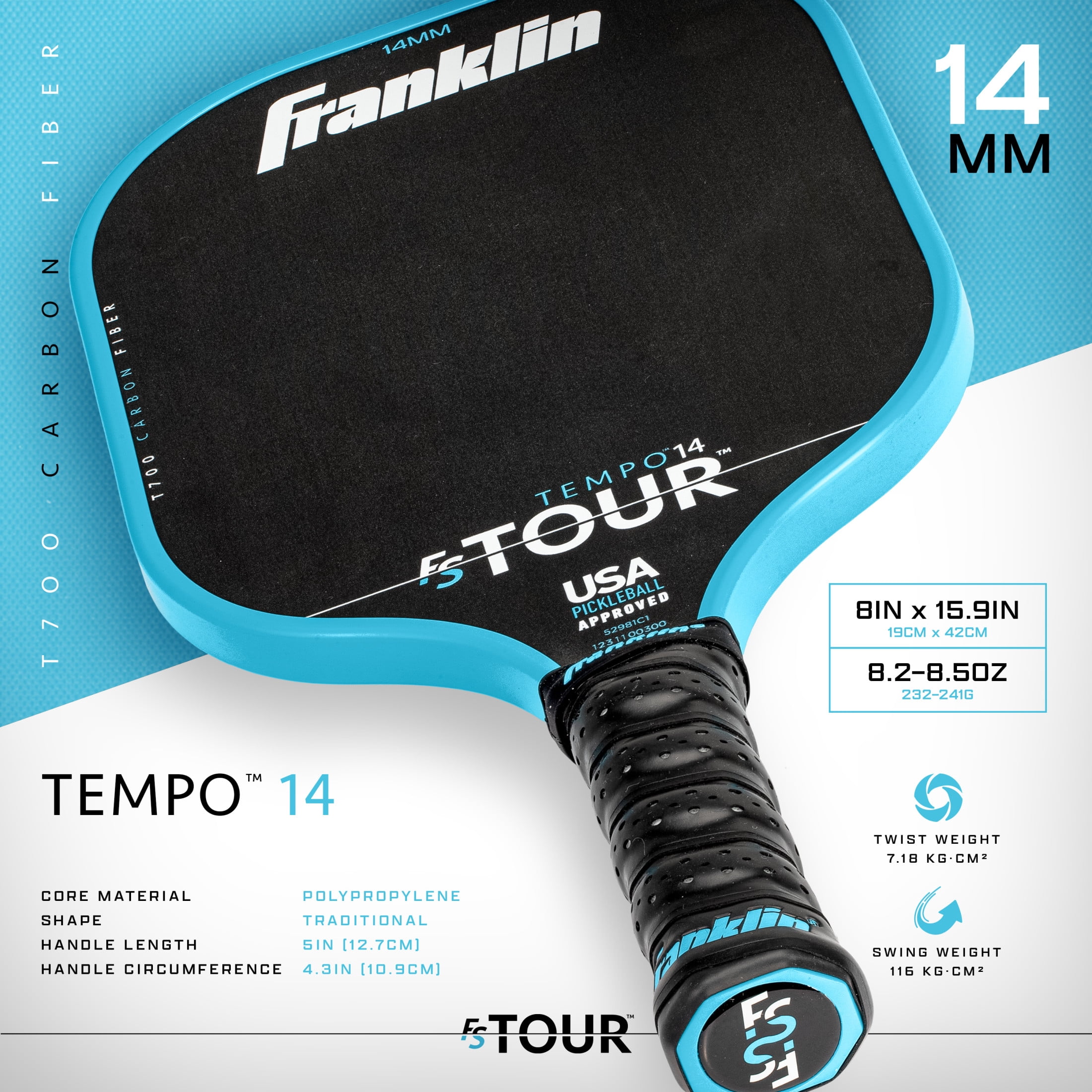 Franklin Sports FS Tour Series Pickleball Paddle - Carbon Fiber Surface - Professional Tournament Grade (Blue, 8.5 oz) wir4t