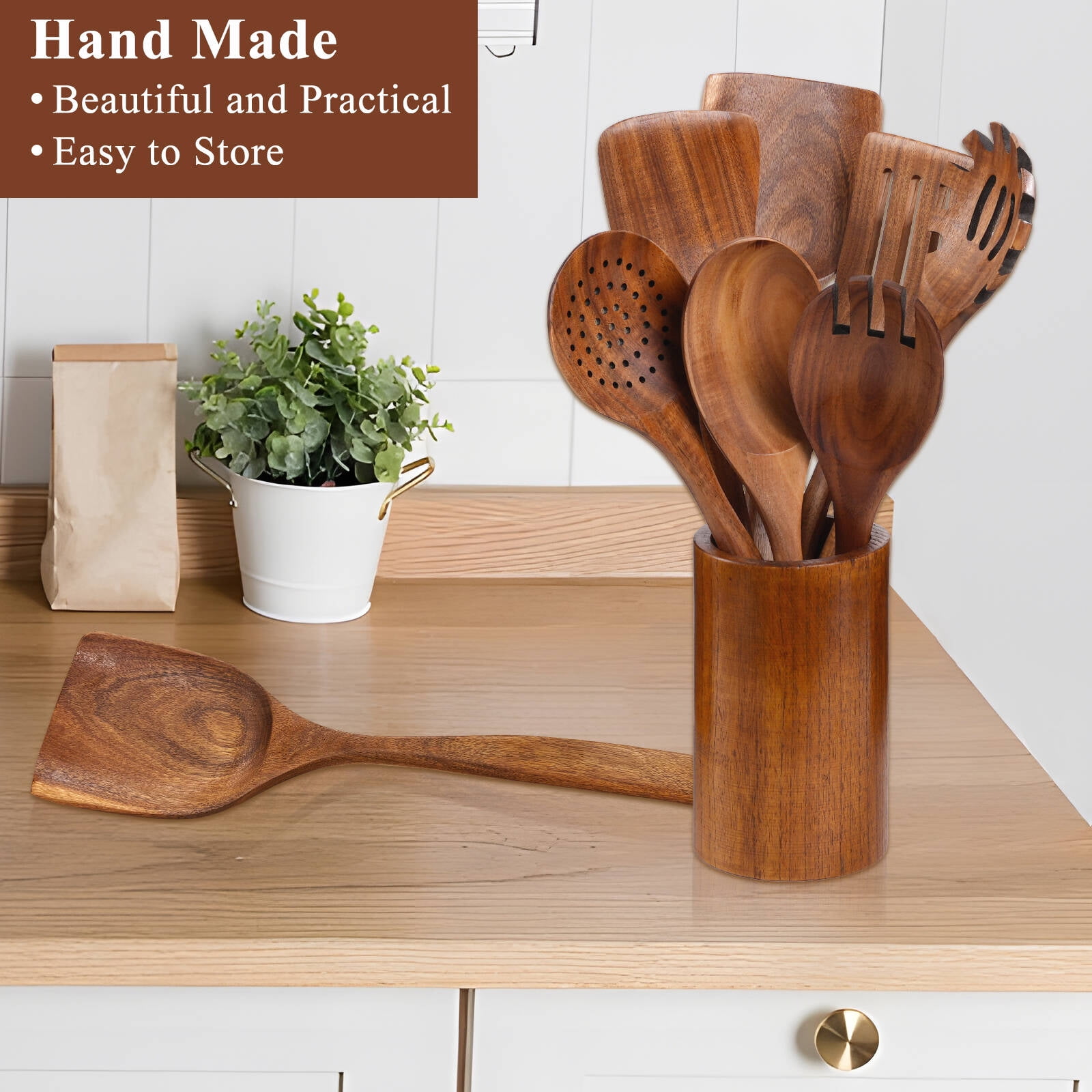 VAVSEA Natural Teak Wooden Cooking Utensils Set, Heat Resistant Non-Stick Kitchen Tools (8 Piece Set) 9fvzf