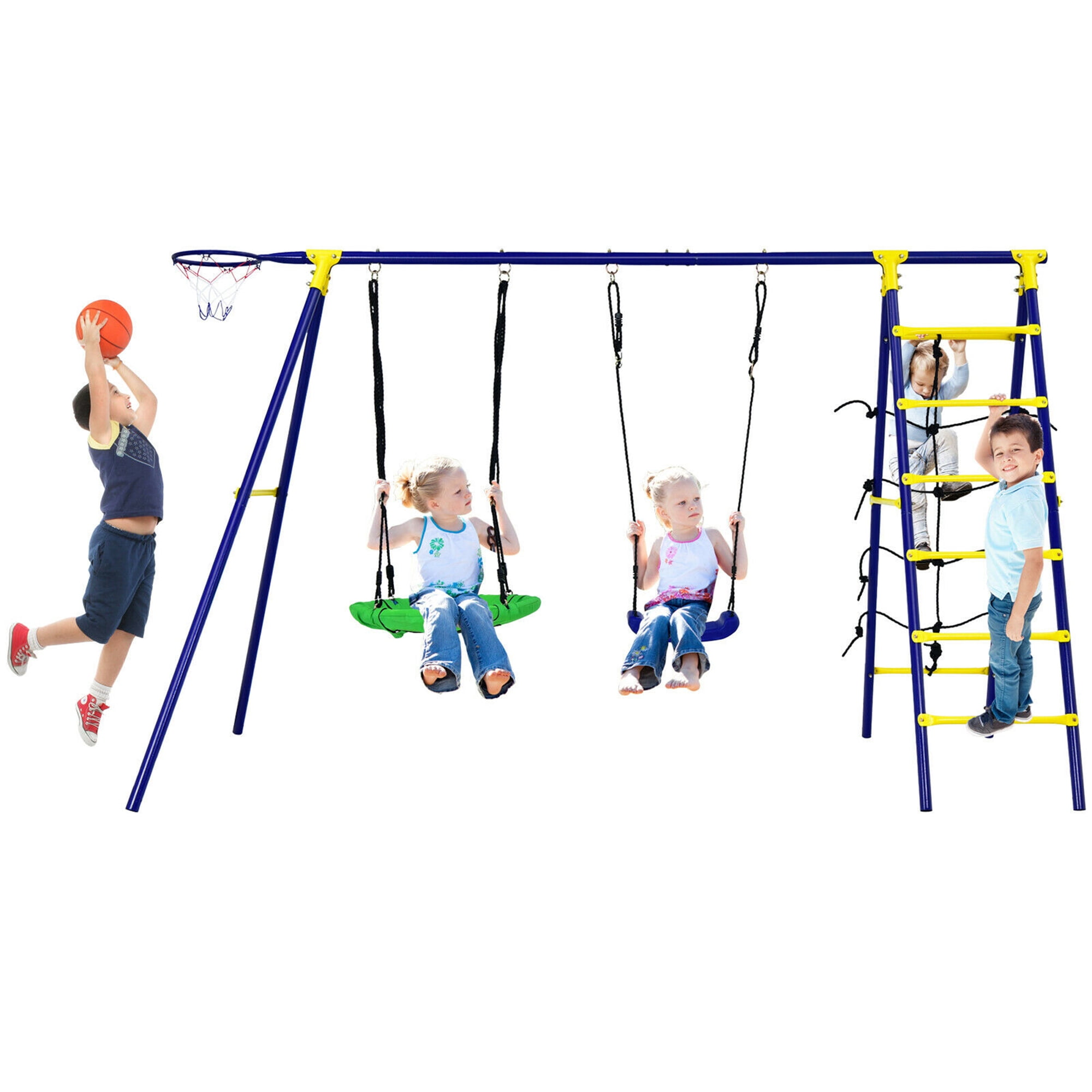 Gymax 5-in-1 Kids Outdoor Swing Set with Basketball Hoop and Climbing Ladder (Blue) y2tza