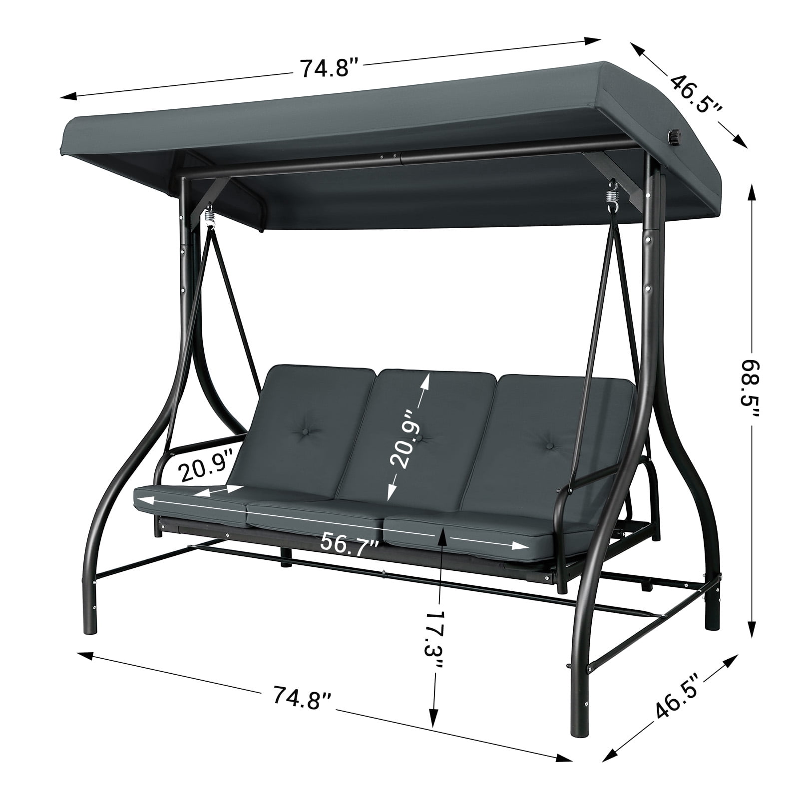 Arlopu 3-Seat Porch Swing, Outdoor Patio Swing Chair with Adjustable Canopy and Removable Cushions (Gray, 57 in) x1s5b