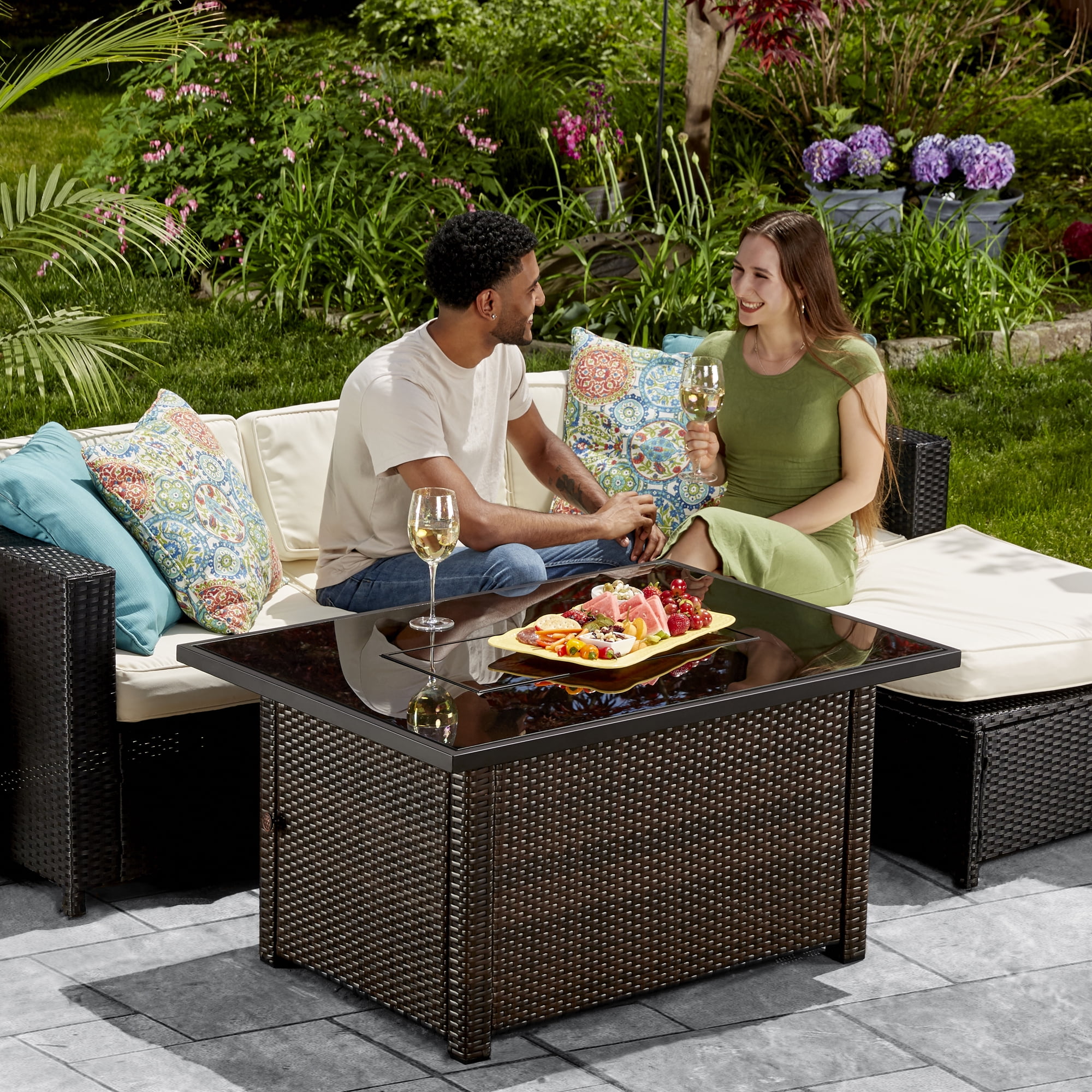 Endless Summer Rectangular Gas Fire Pit Table with Wicker Base and Fire Glass (Brown, 44 x 32 in) 1yljy