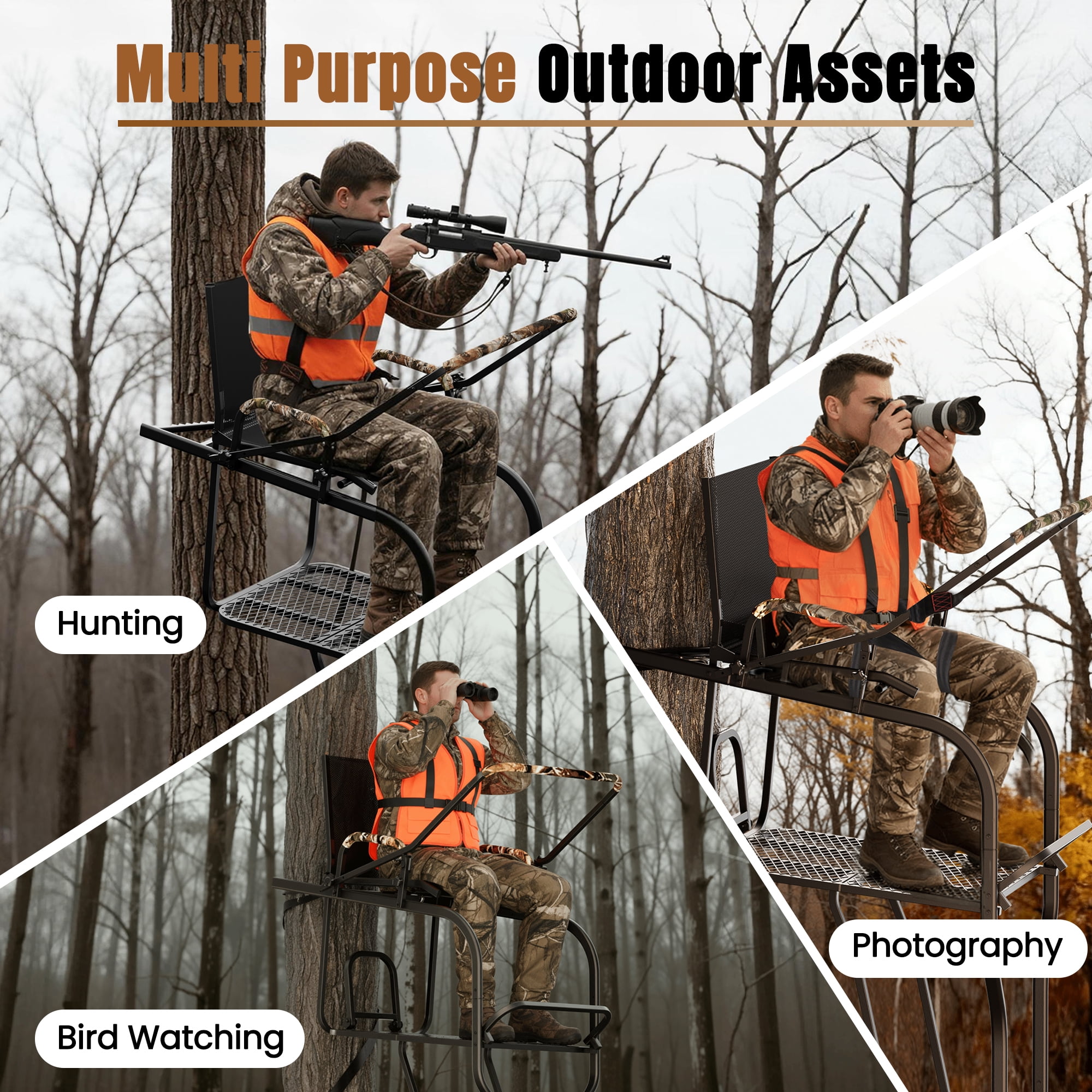Naipo 18.7 ft Hunting Ladder Stand with Adjustable Shooting Rail and Full Body Harness (Black, 350 lb) 6g0ps
