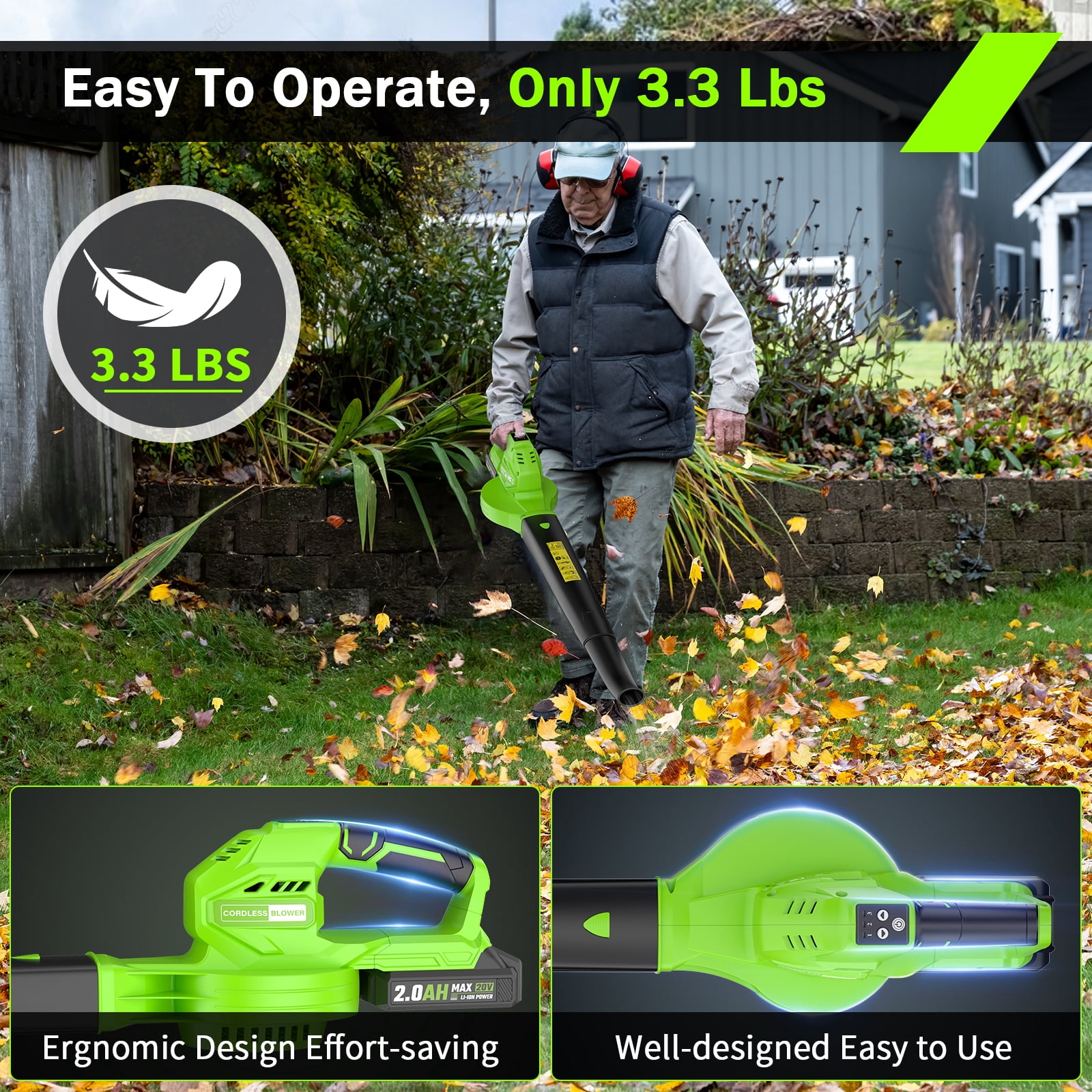 SEYVUM Cordless Leaf Blower, 20V Electric Power Sweeper with 2 Batteries and Charger (Green, 3.3 lb) 6f1w6