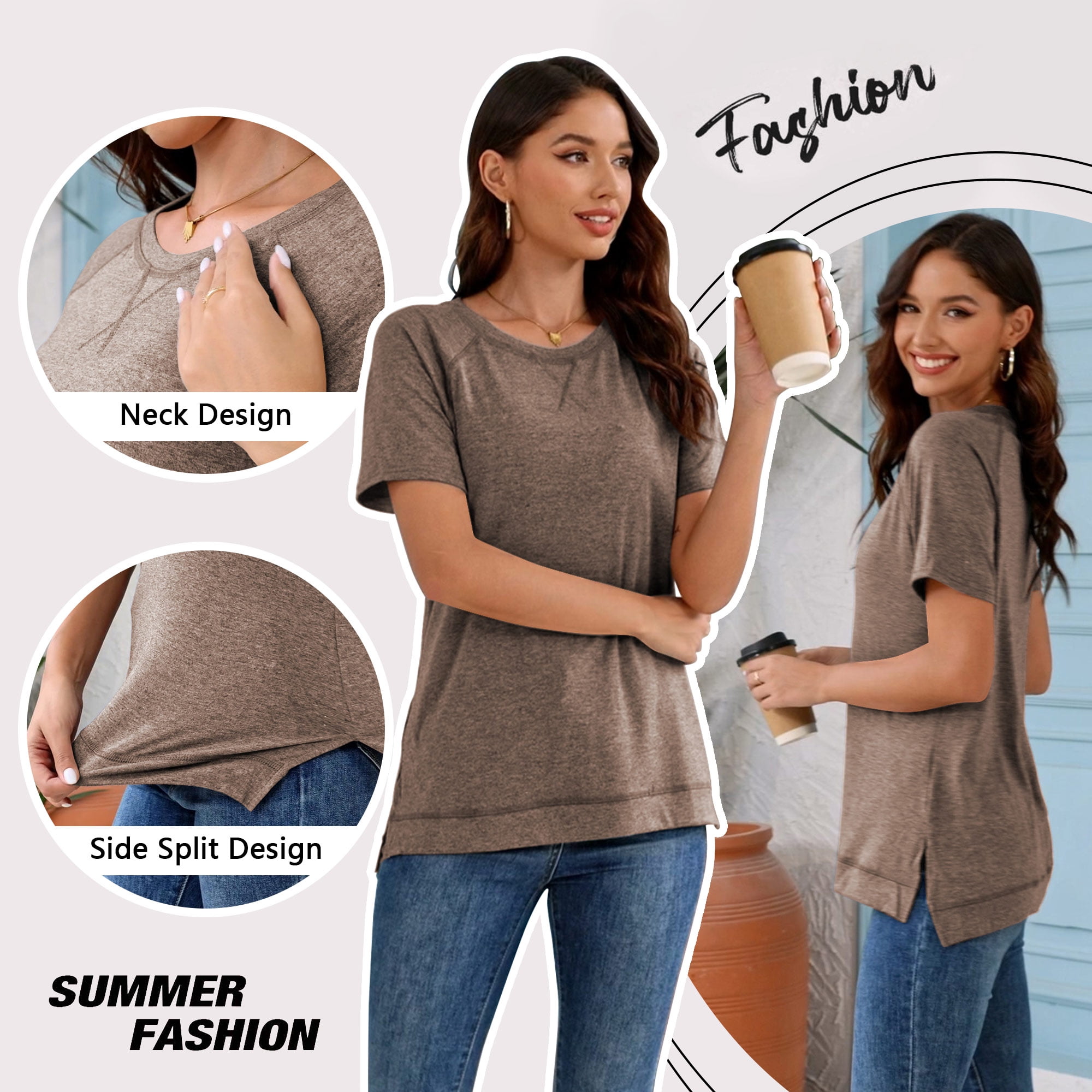 SHIBEVER Women's Short Sleeve Tunic Top Casual Loose Crewneck Shirt (Brown, L) 7trrj